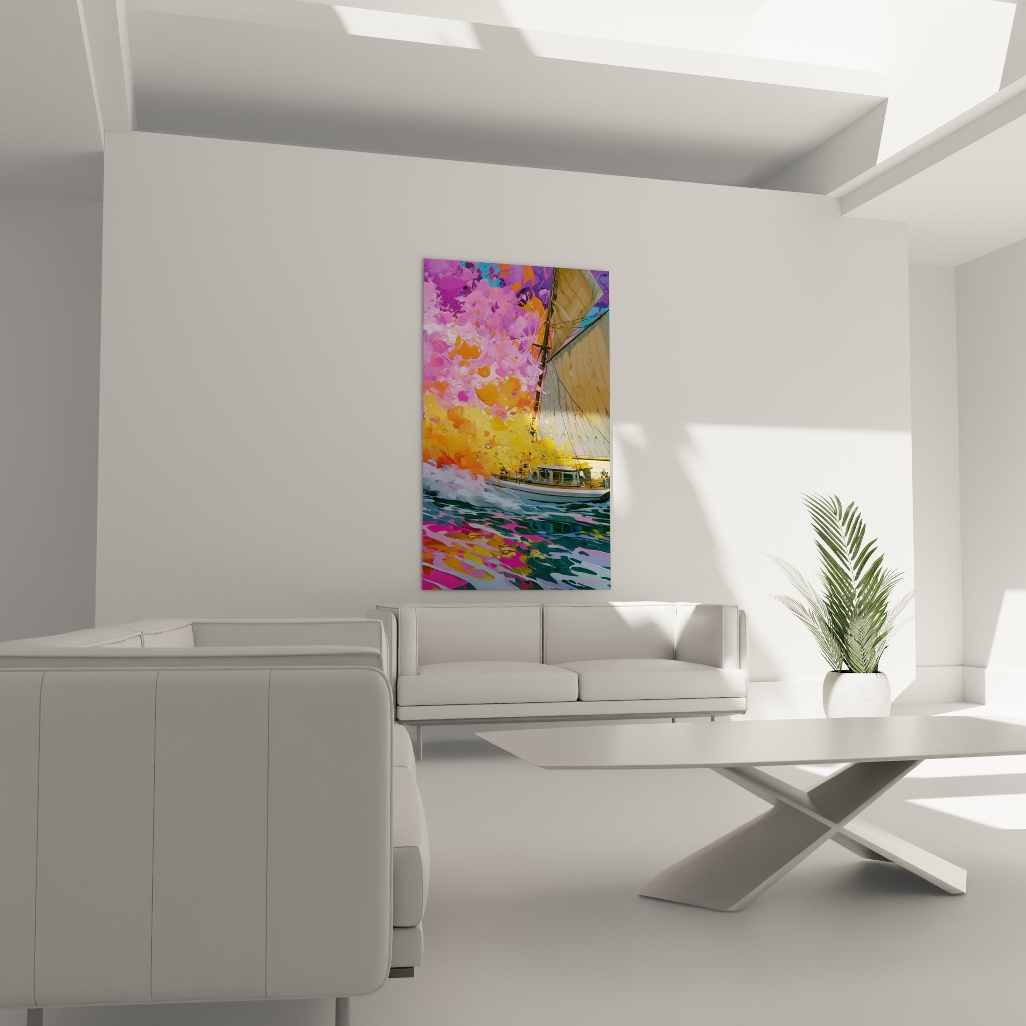 Voile blanche et coque marine se détachant sur un ciel orangé, au-dessus d'un canapé dans un salon lumineux