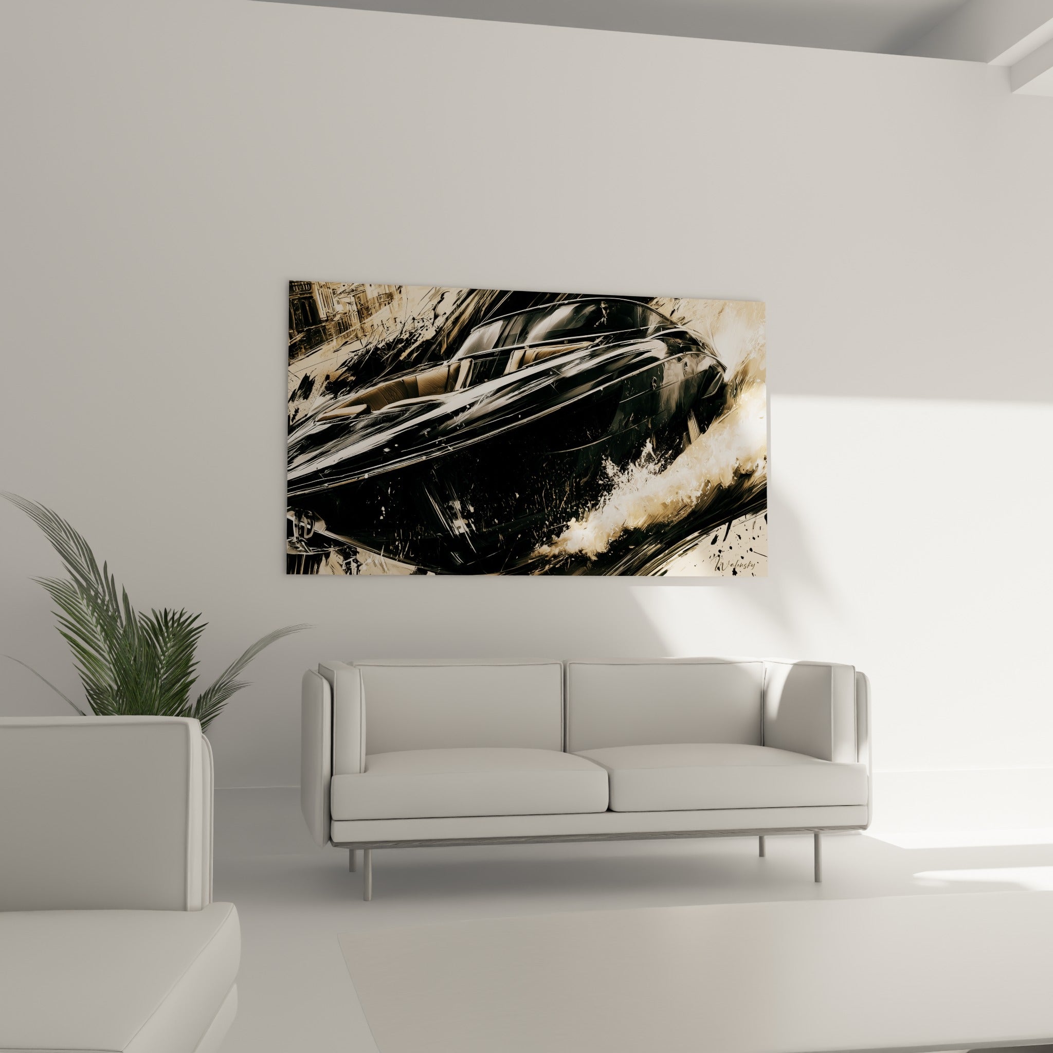Coque noire lustrée et éclaboussures sable, tableau bateau abstrait au-dessus d'un canapé dans un salon lumineux