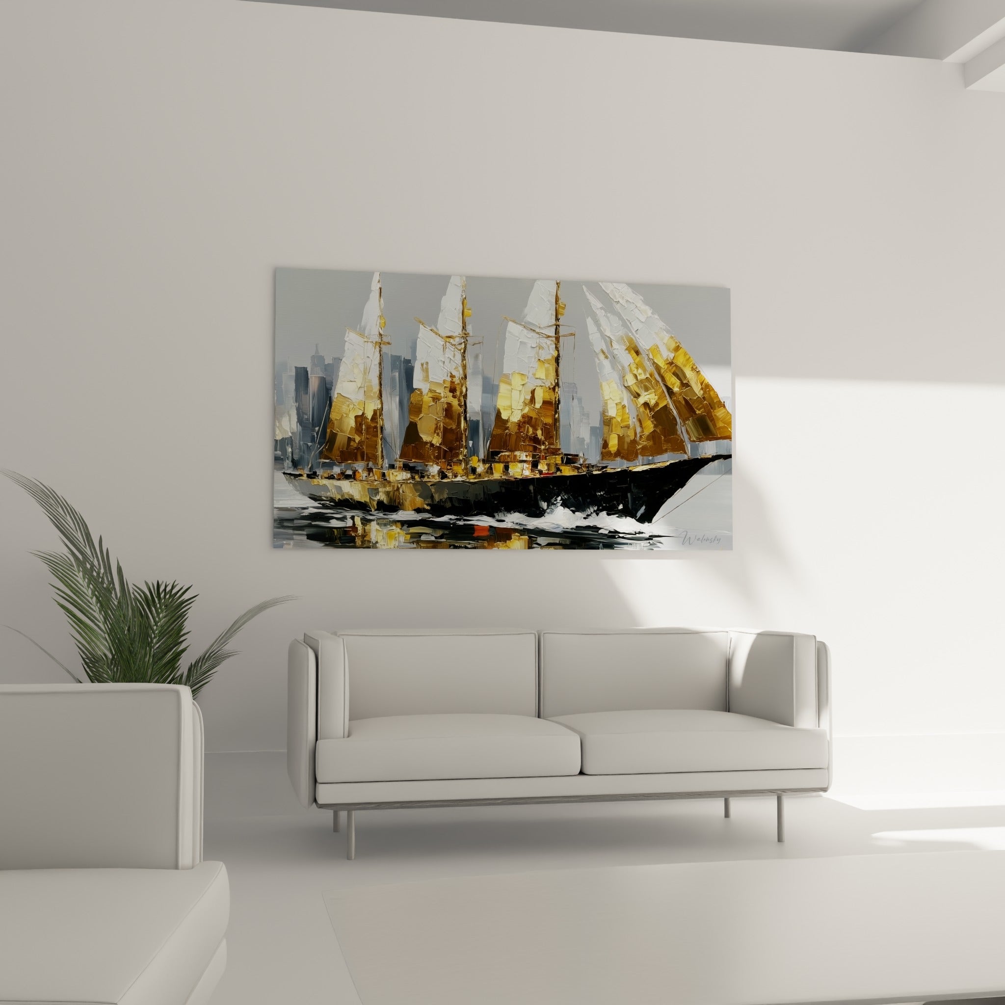 Voilier doré aux voiles blanches et coque anthracite installé au-dessus d'un canapé dans un salon lumineux.