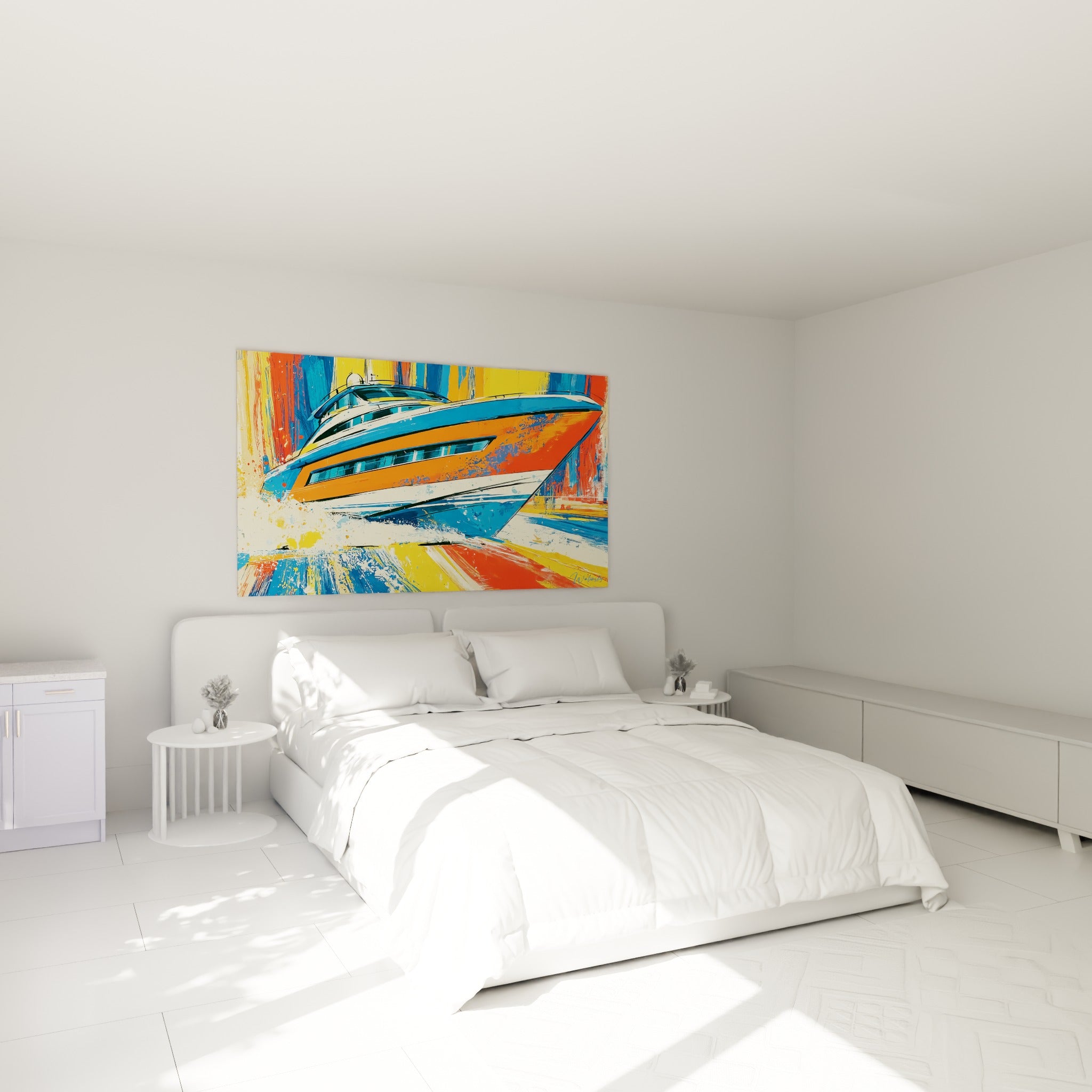 Coque orange et bleue en pleine vitesse, tableau bateau abstrait au-dessus d'un lit dans une chambre claire