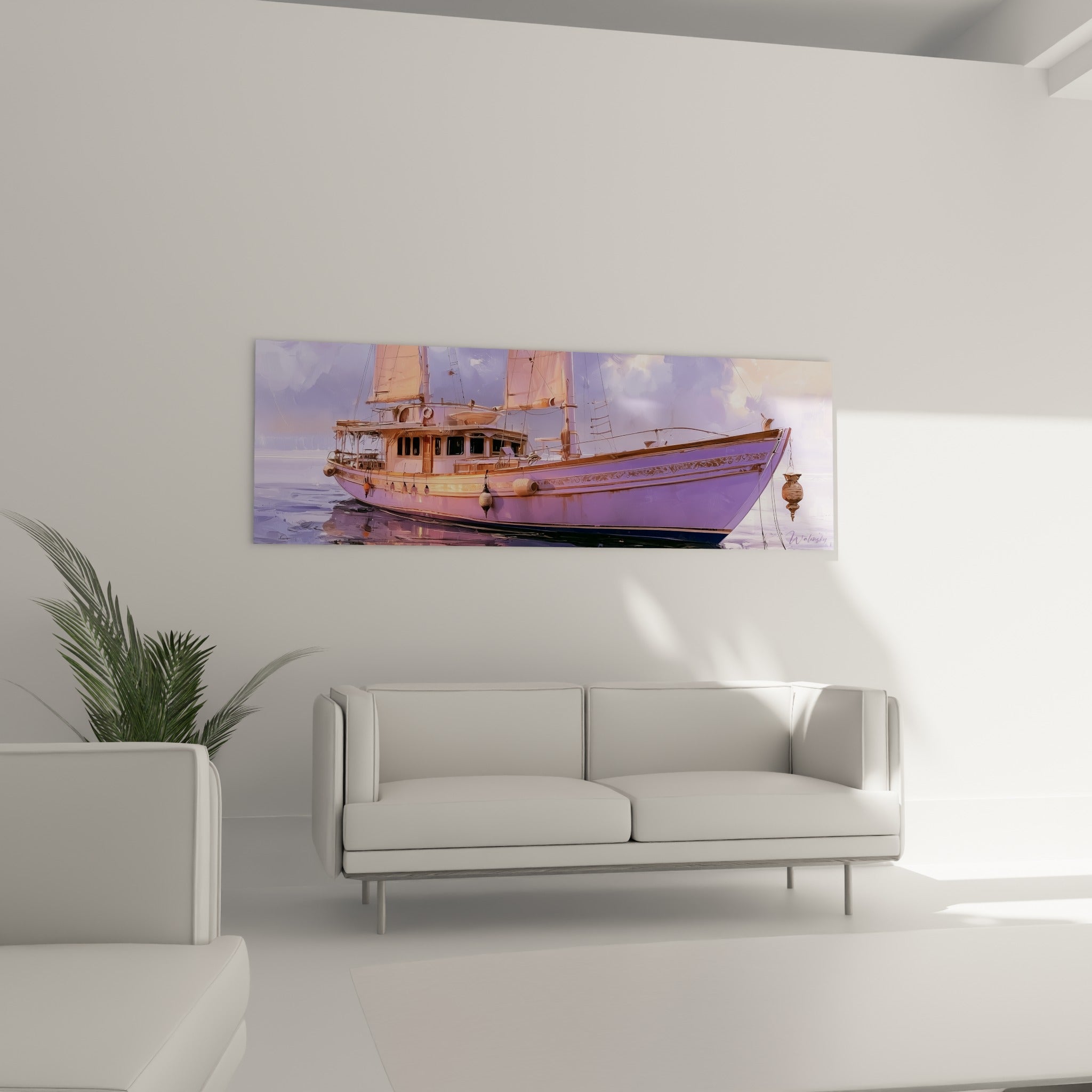 Coque mauve aux détails dorés d'un voilier ancien, accrochée au-dessus d'un canapé dans un salon lumineux