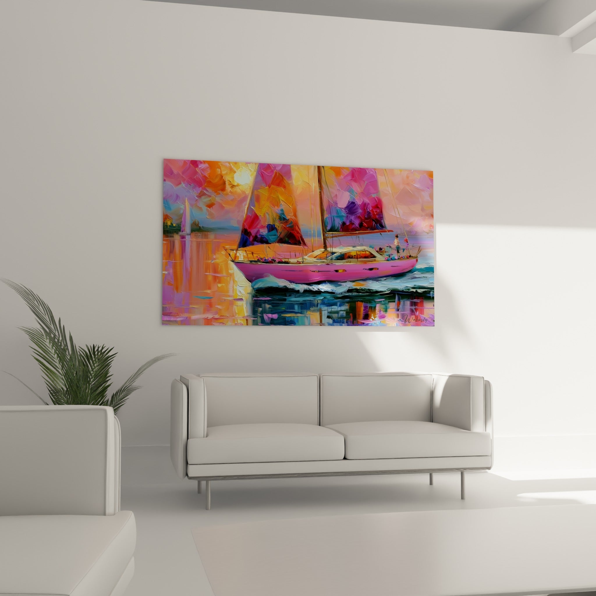 Sailboat rose et violet en pleine mer au-dessus d'un canapé dans un salon lumineux