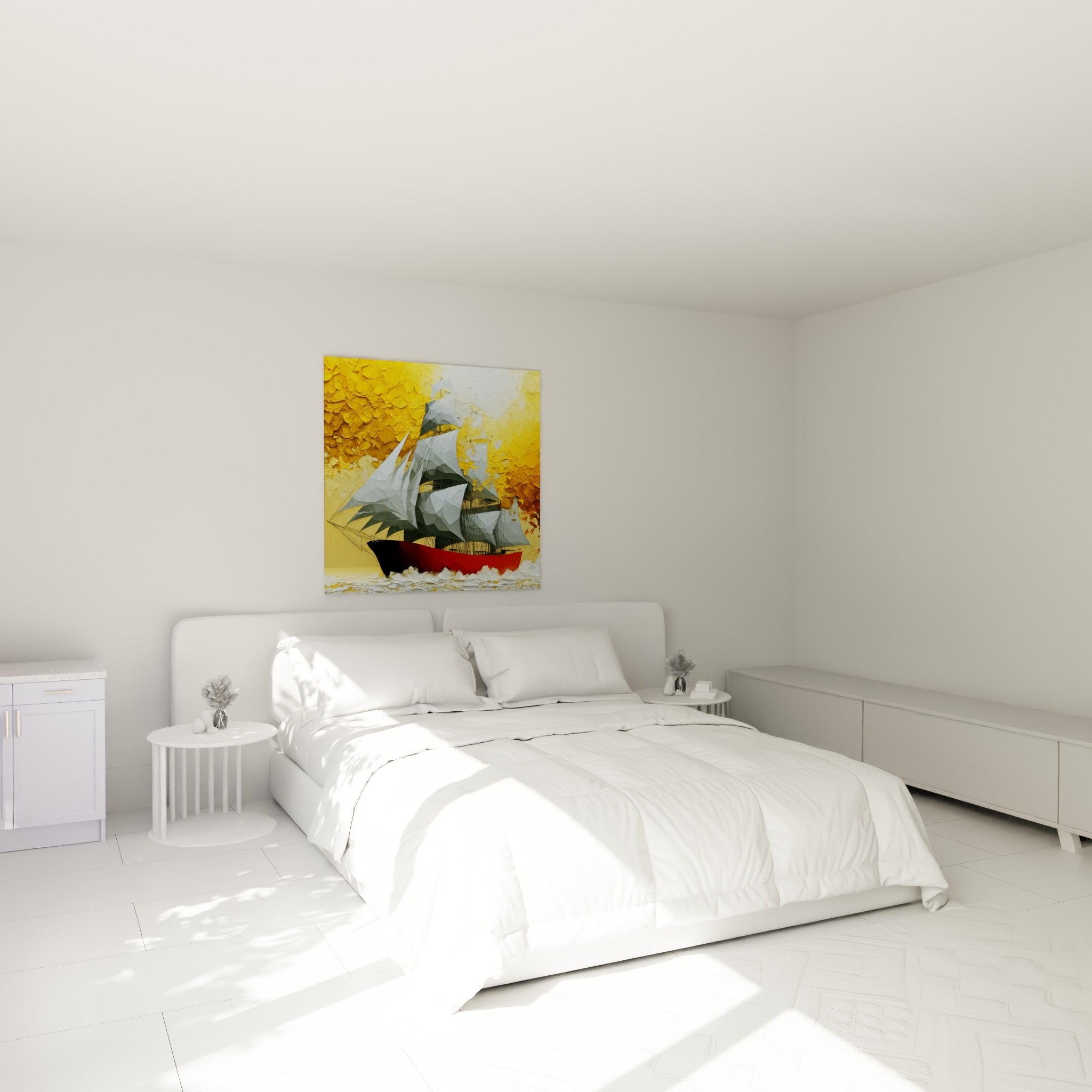 Grand voilier gris et rouge sur fond ocre, tableau bateau abstrait au-dessus d'un lit dans une chambre claire
