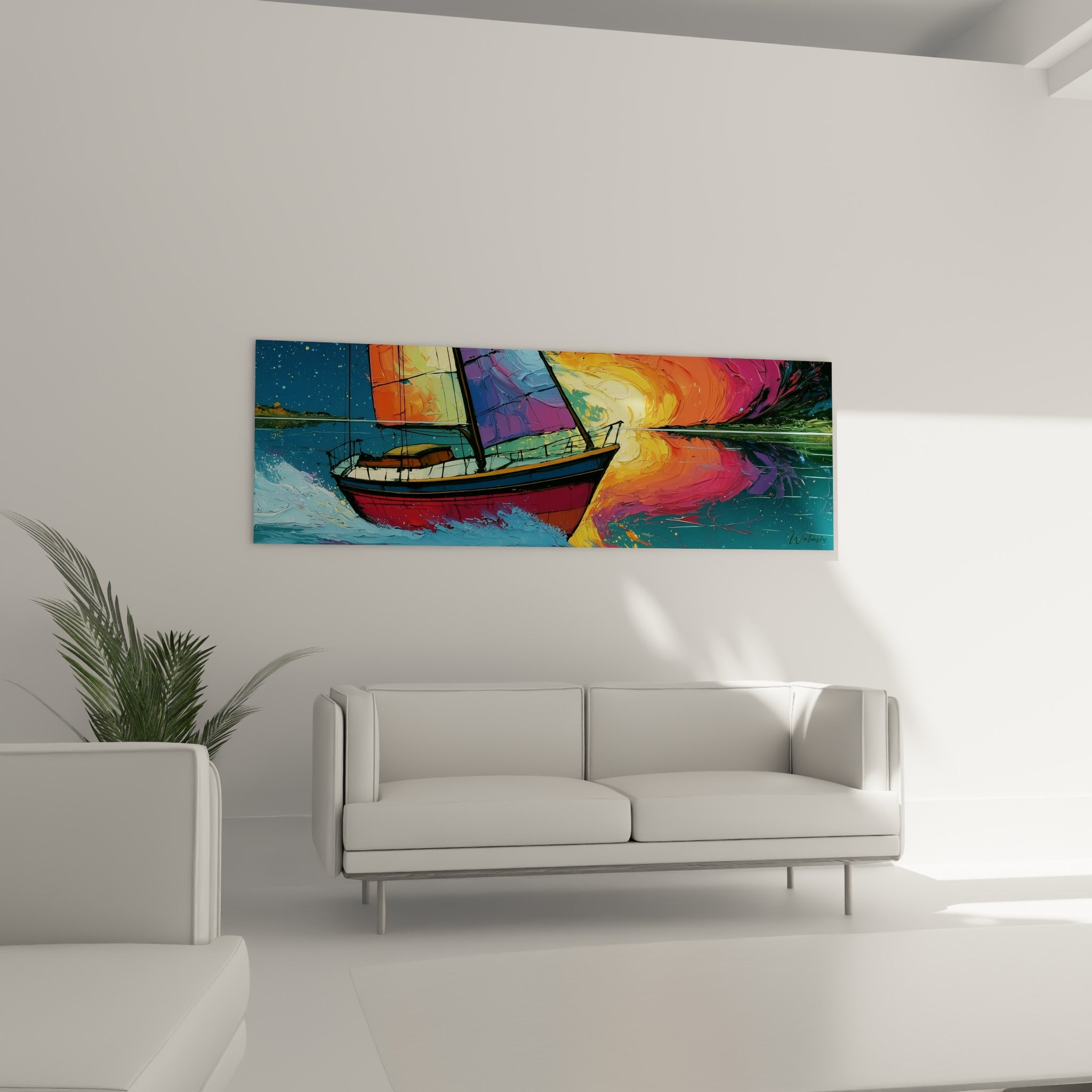 Coque rouge et voiles pourpres du bateau abstrait suspendues au-dessus d'un canapé dans un salon lumineux