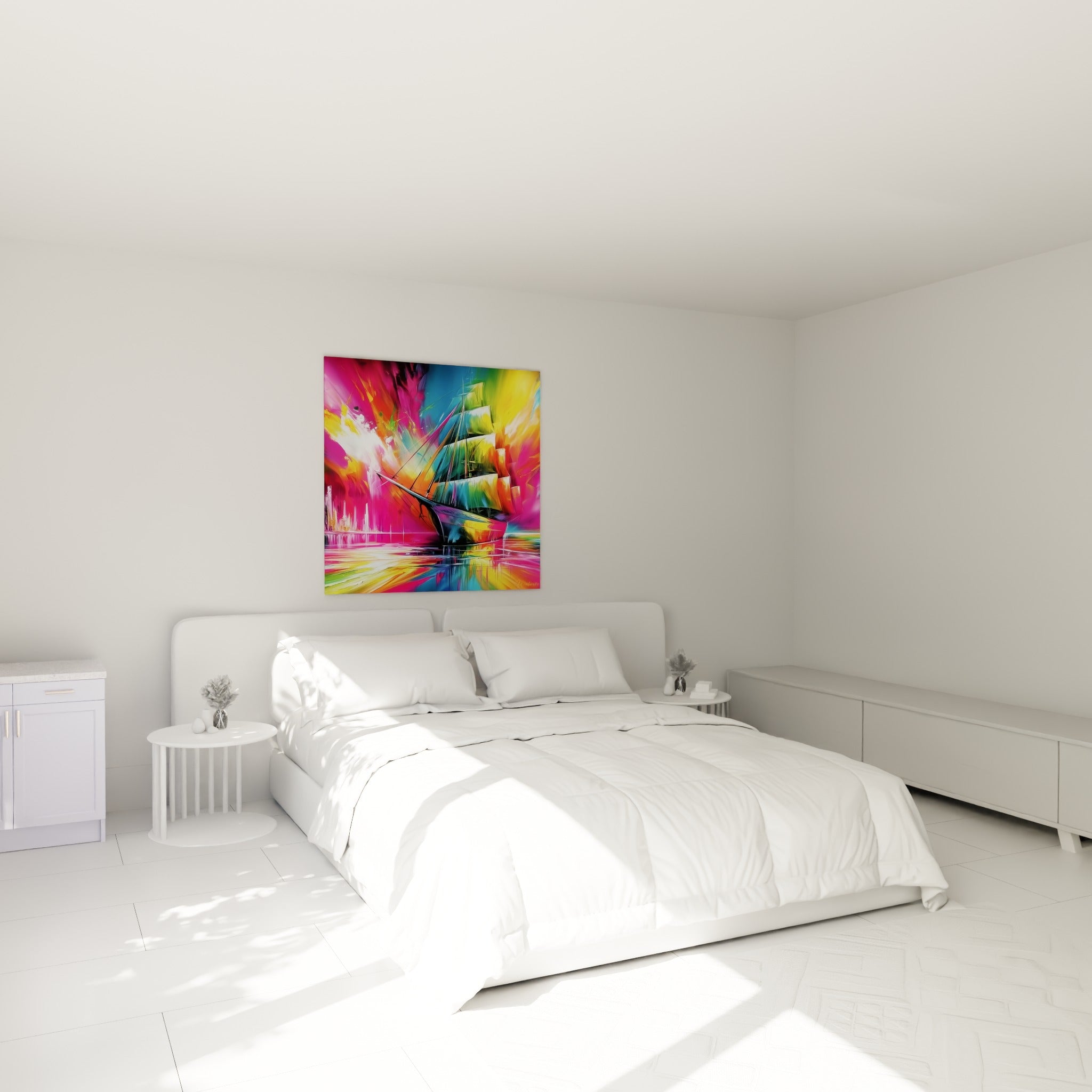 Navire coloré fuchsia et turquoise, coque lustrée, accroché au-dessus d'un lit dans une chambre claire
