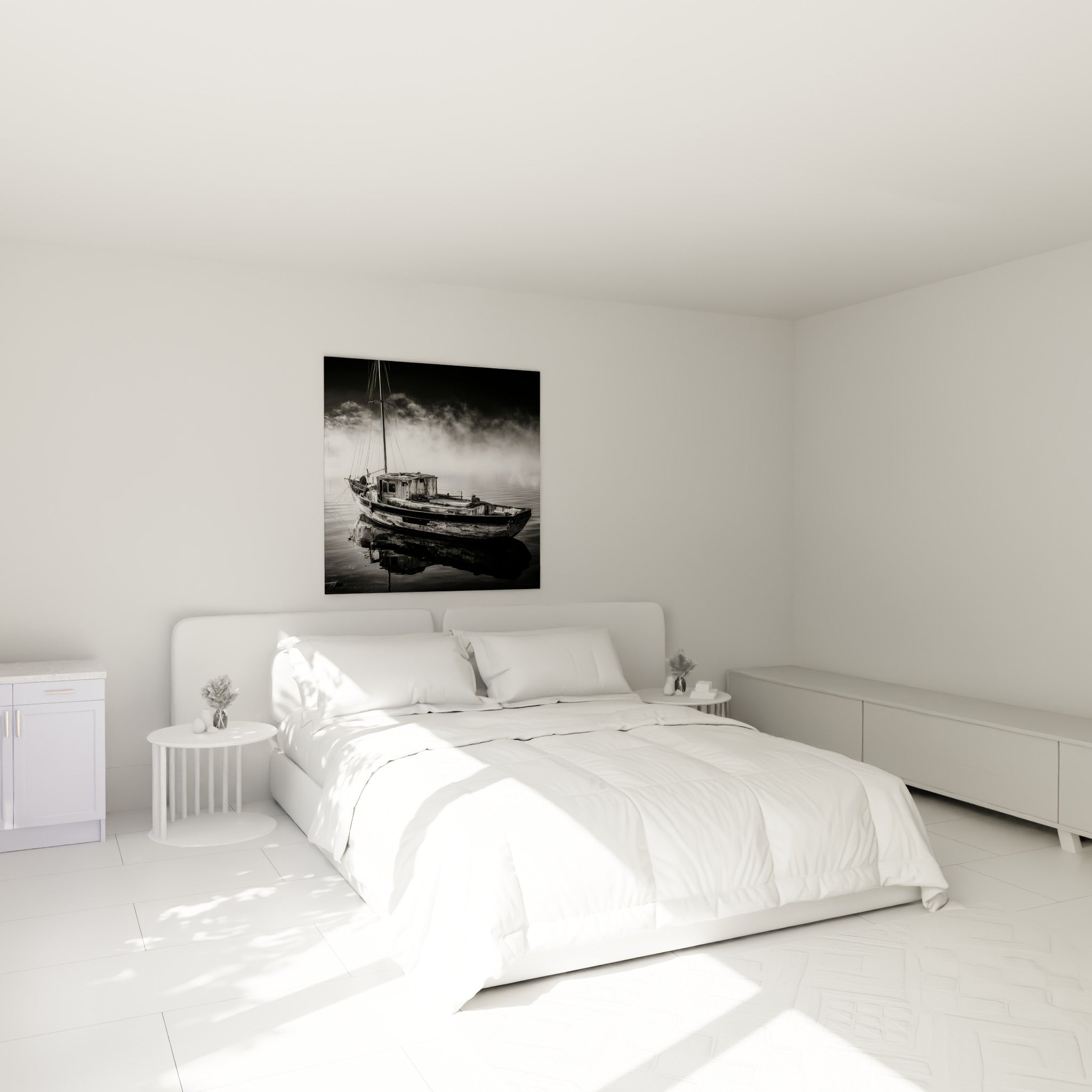 Embarcation anthracite et blanche du tableau bateau abstrait au-dessus d'un lit dans une chambre claire