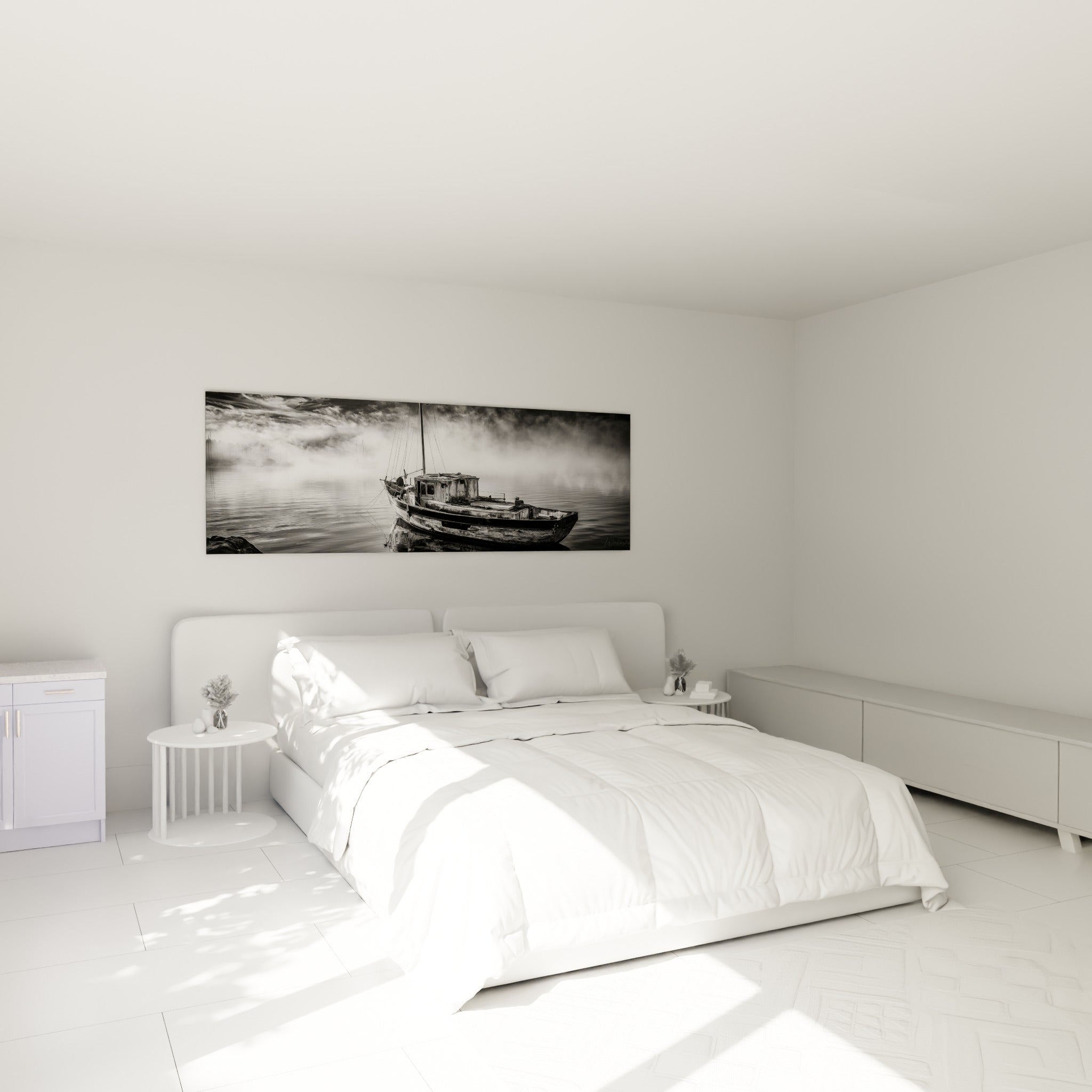 Barque immobile aux tons gris anthracite et blanc brumeux, accrochée au-dessus d'un lit dans une chambre claire