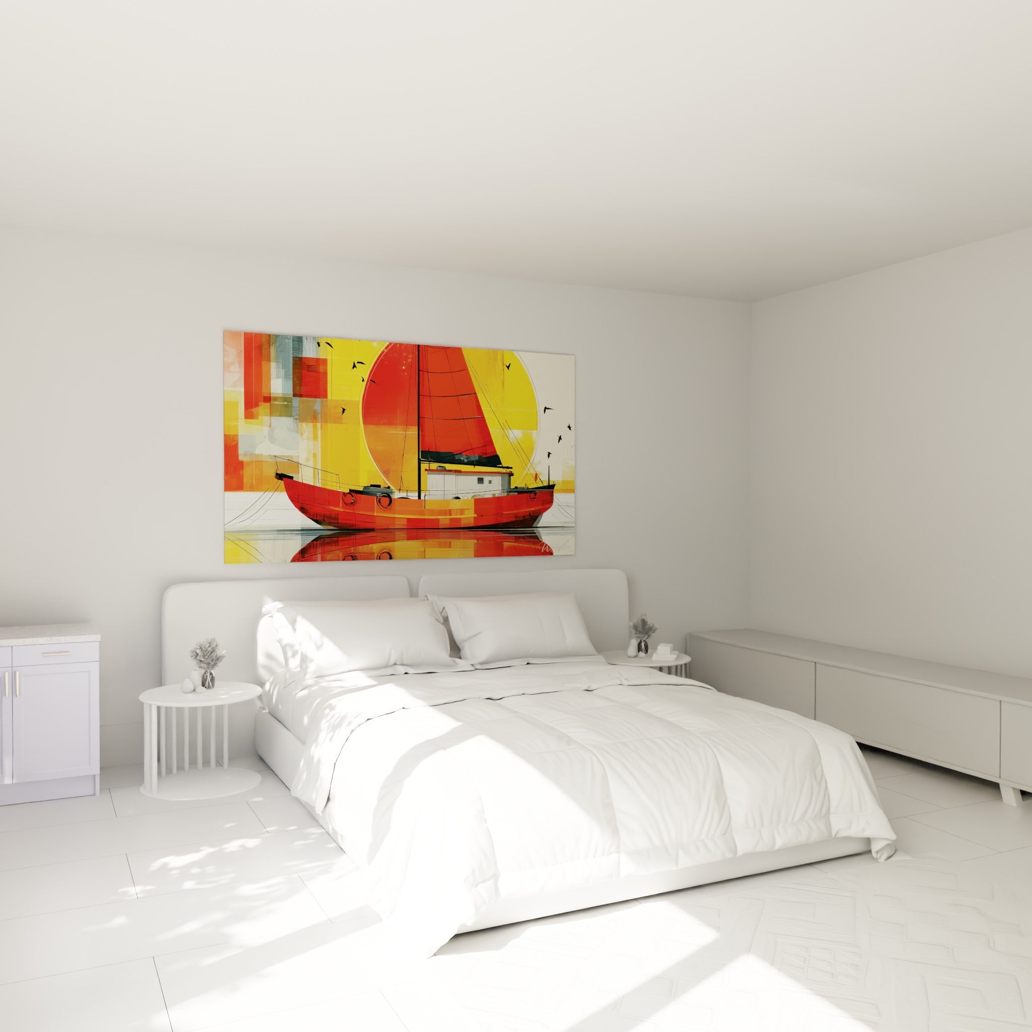 Bateau abstrait rouge et jaune, coque vermillon et cabine blanche, au-dessus d'un lit dans une chambre claire