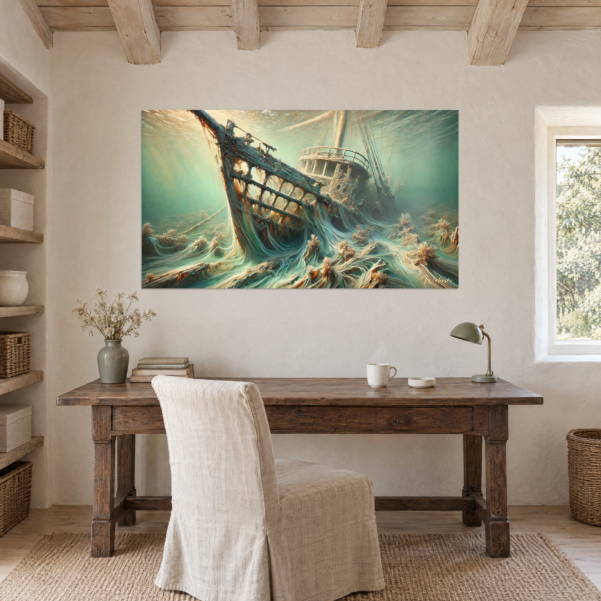 Tableau carcasse de bateau aux membrures ajourées, bleu-vert profond et orange brûlé, au-dessus d'un bureau en bois