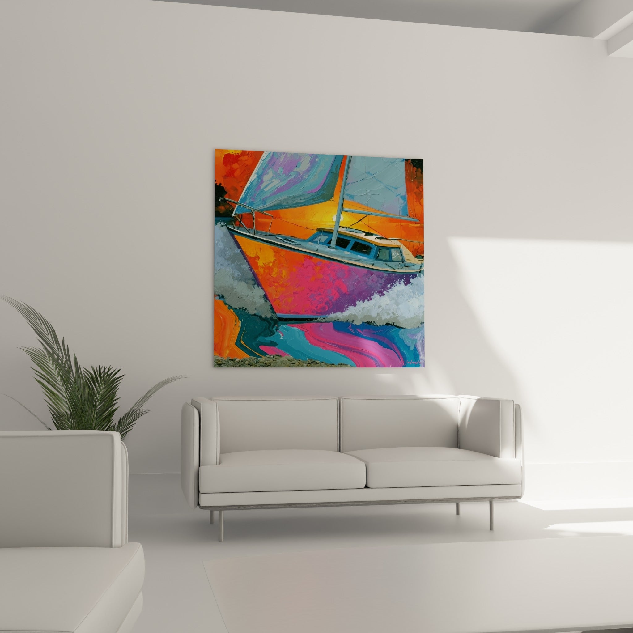 Coque violette et vague rose fuchsia d'un voilier abstrait, au-dessus d'un canapé dans un salon lumineux