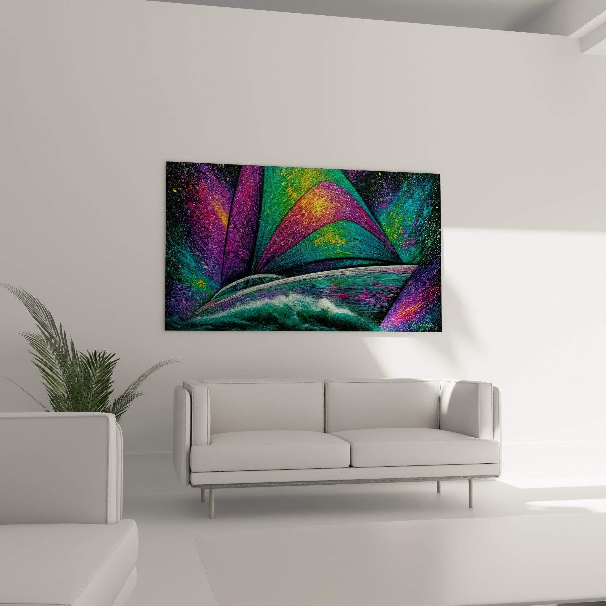 Coque violette et voiles émeraude d'un voilier abstrait, au-dessus d'un canapé dans un salon lumineux