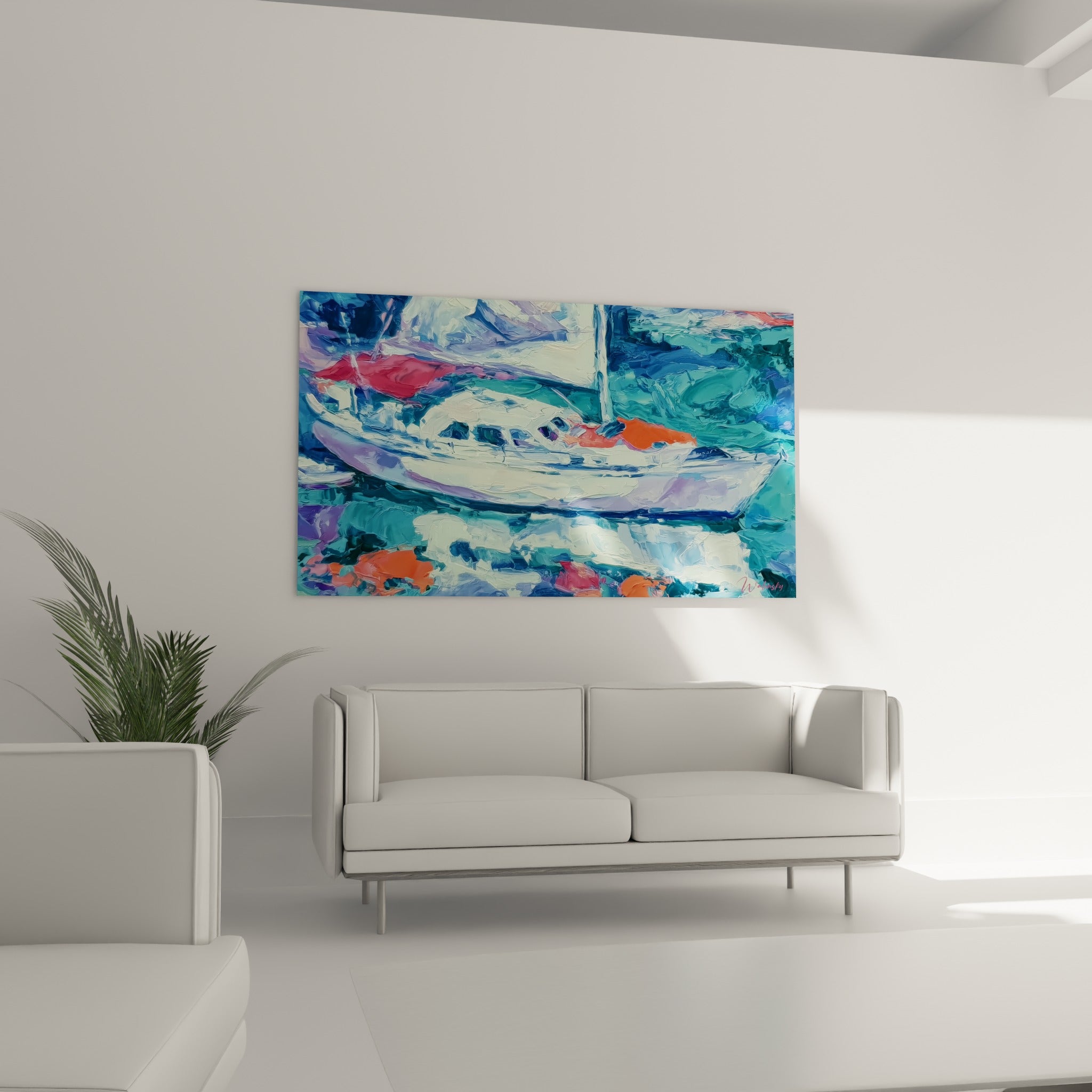 Voile corail et coque nacrée d'un bateau abstrait, suspendues au-dessus d'un canapé dans un salon lumineux
