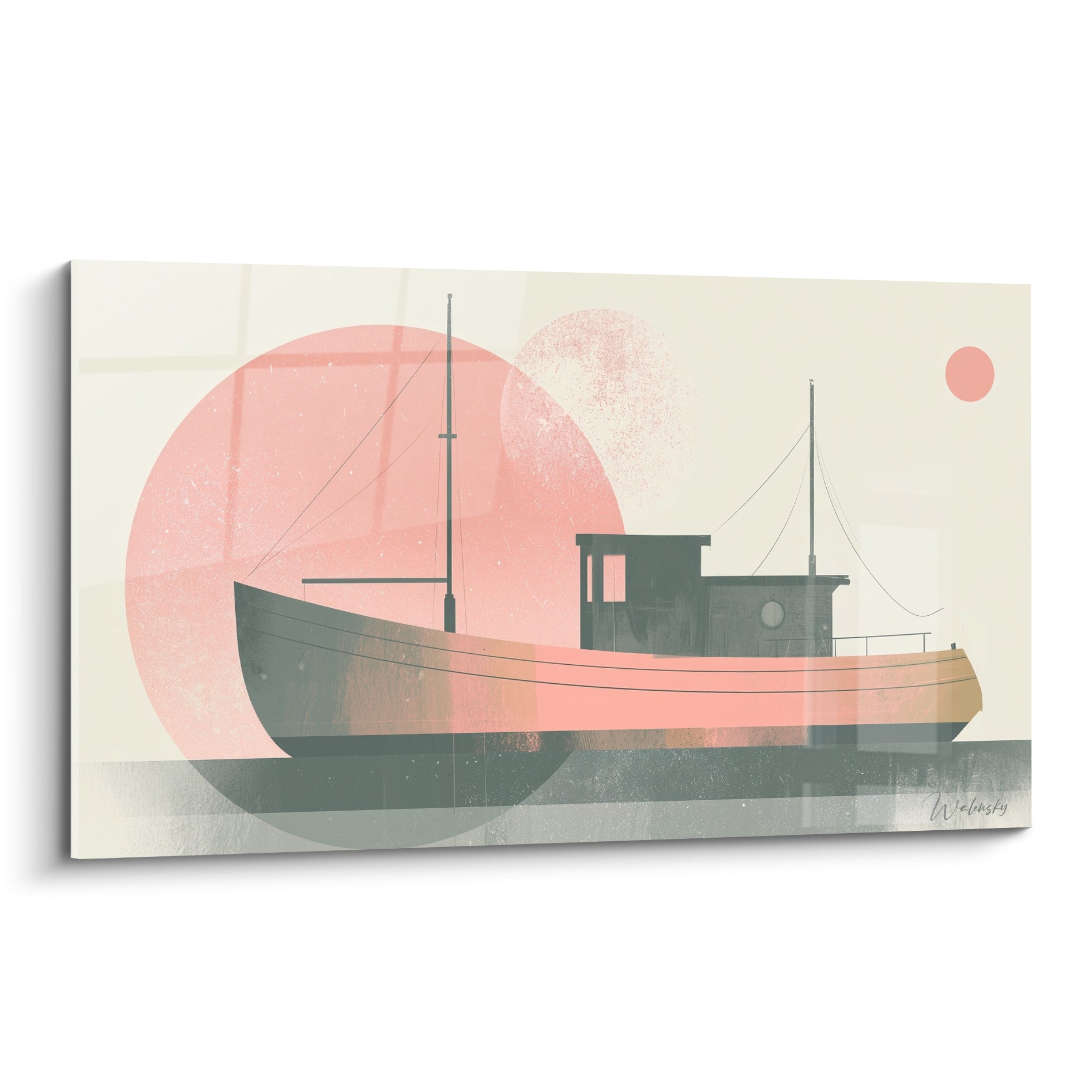 Bateau de pêche corail et anthracite sur fond crème, cercle rose pâle en arrière-plan