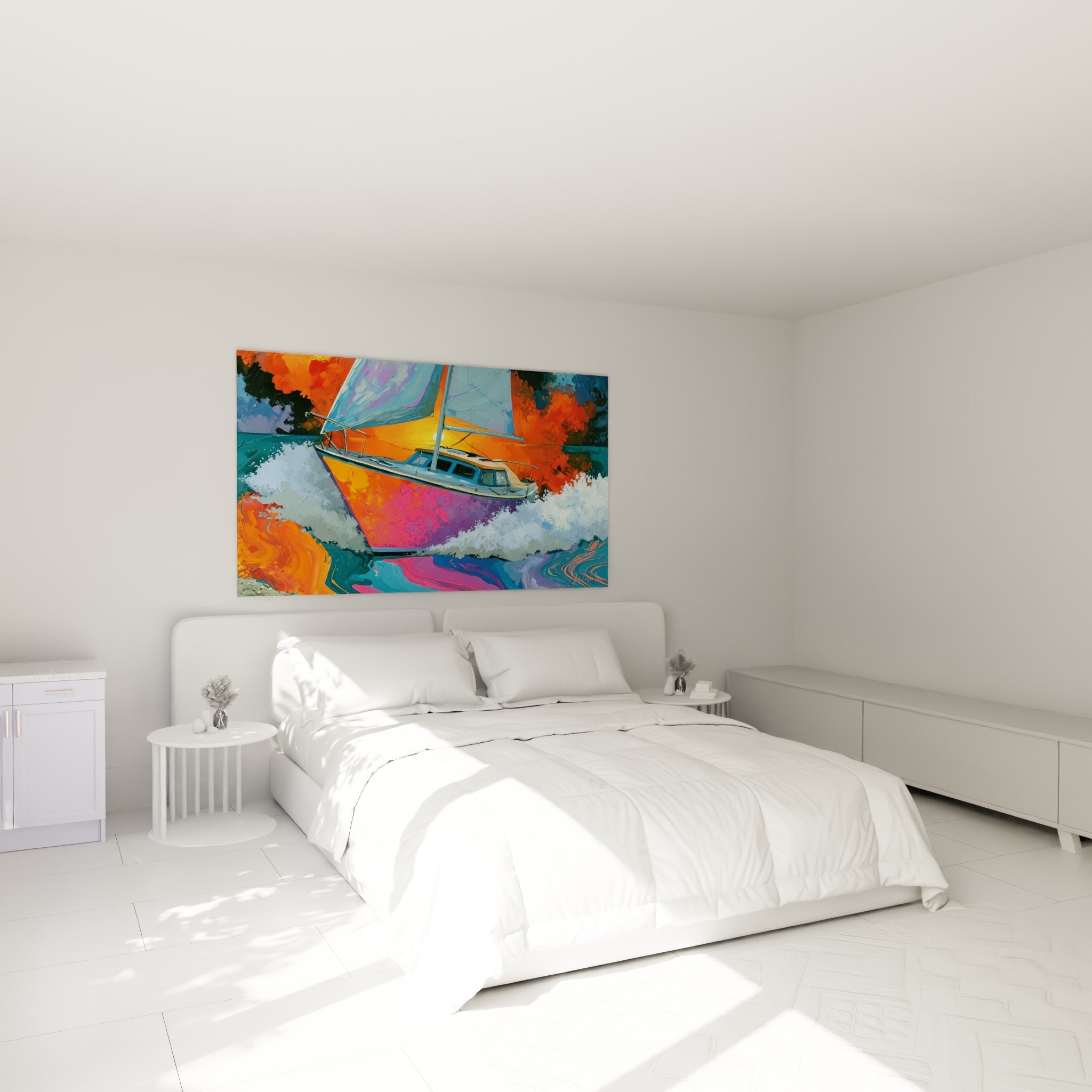 Bateau abstrait aux teintes orange et rose magenta accroché au-dessus d'un lit dans une chambre claire