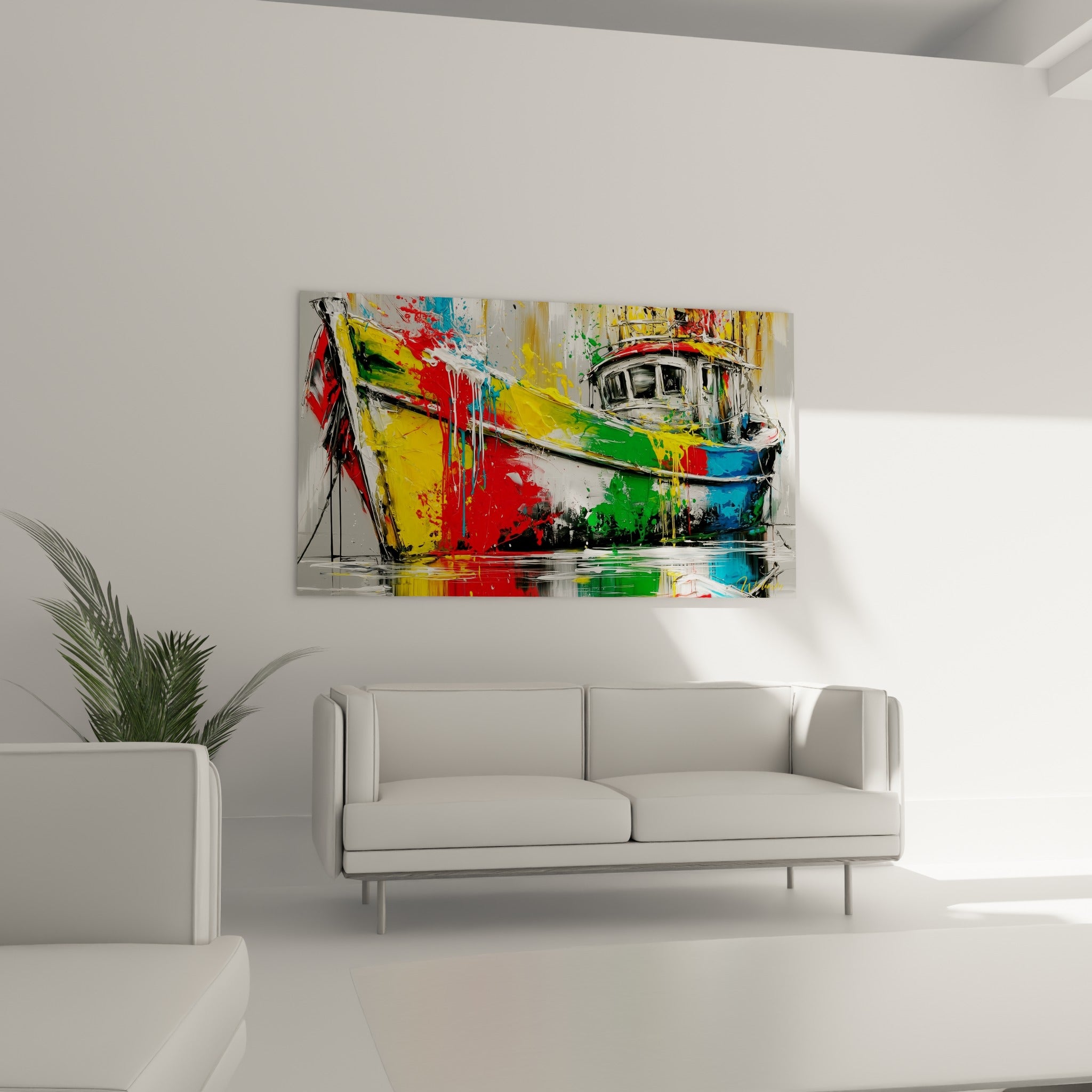 Chalutier coloré en vert et jaune, empâtements épais, au-dessus d'un canapé dans un salon lumineux