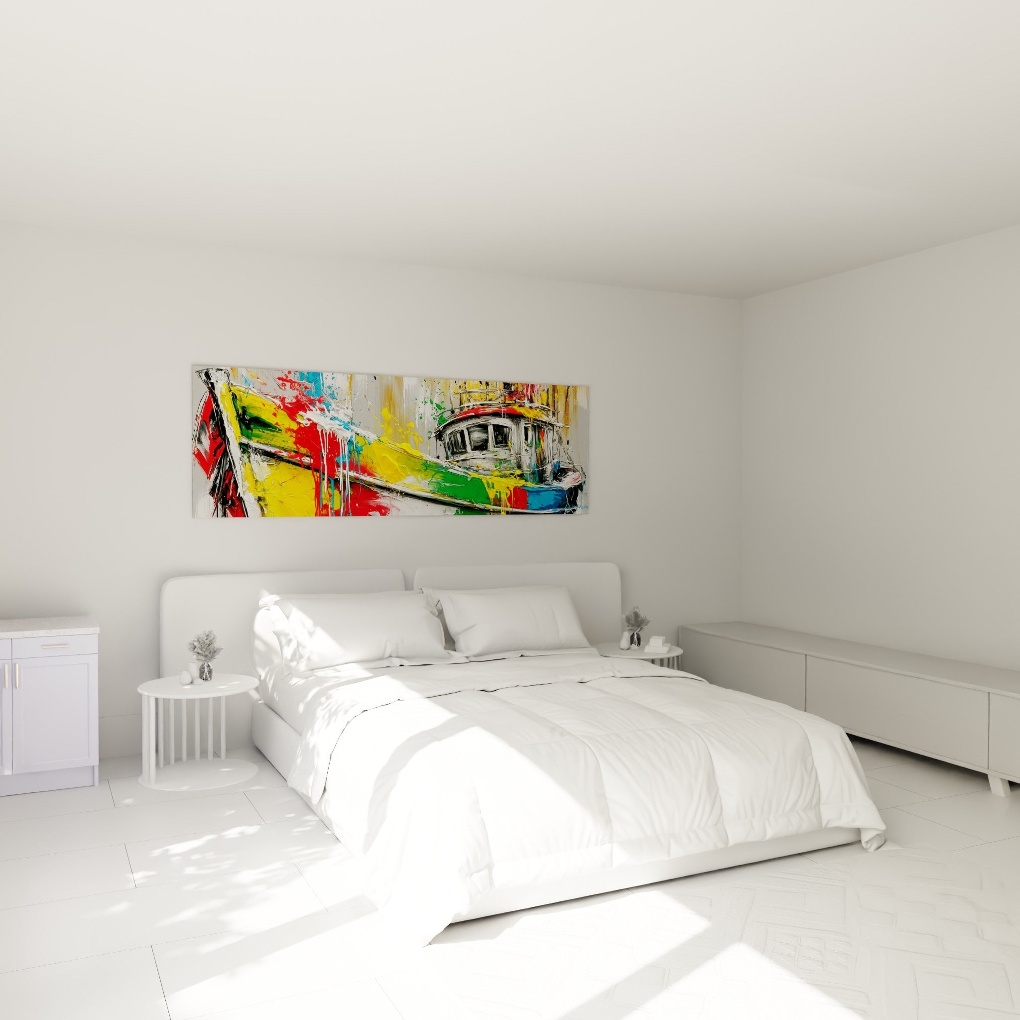 Coque de bateau abstrait rouge et bleu turquoise au-dessus d'un lit dans une chambre claire