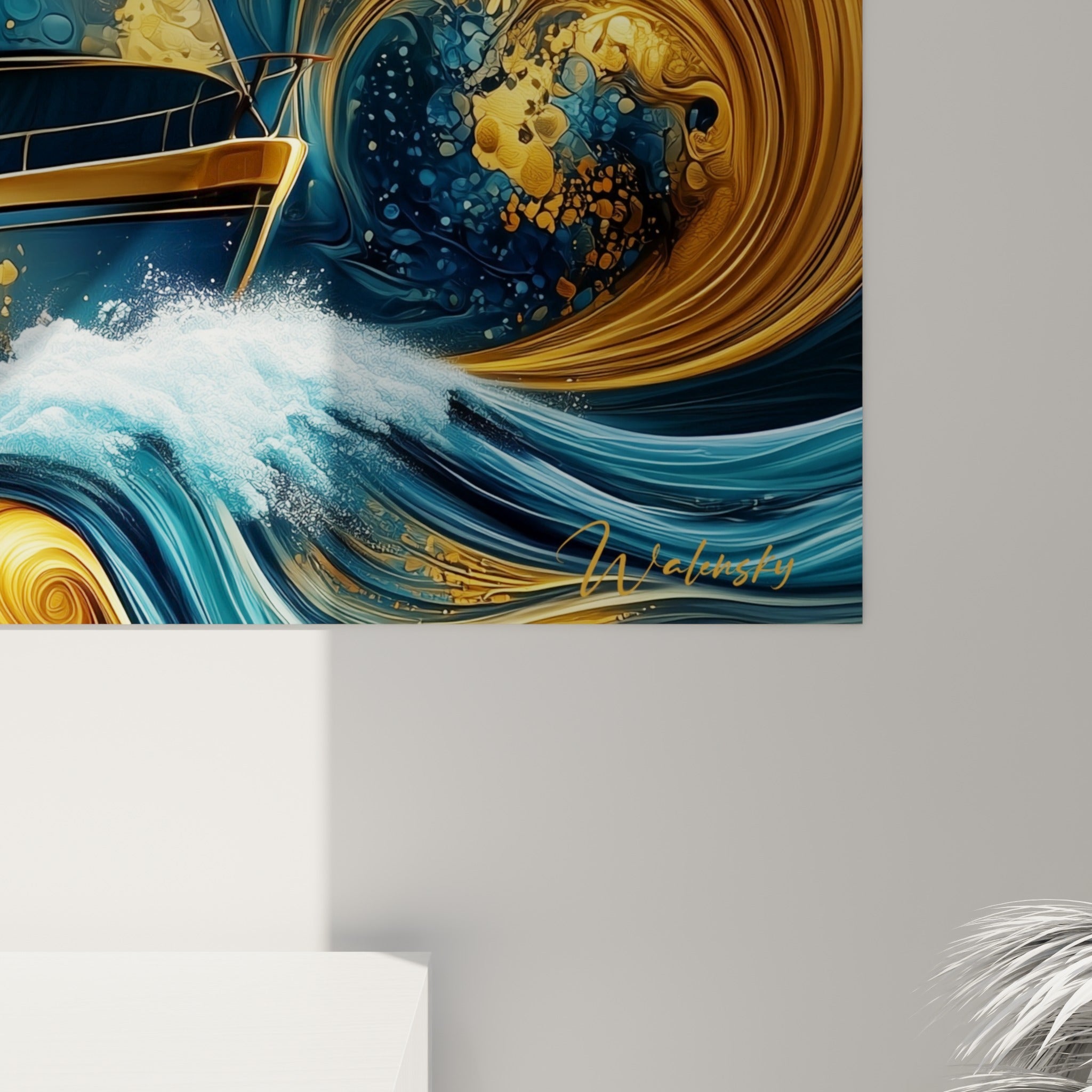 Détail des empâtements dorés et bleu marine mêlant coulures et reflets métalliques sur la toile