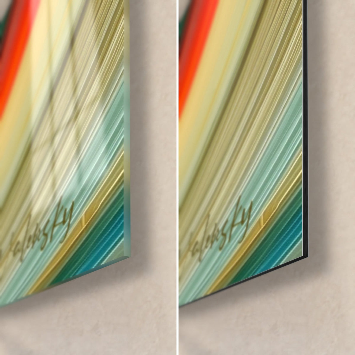 Tableau proue de voilier et vague en bandes turquoise et ocre, coin bas droit : verre brillant à gauche, Dibond mat à droite