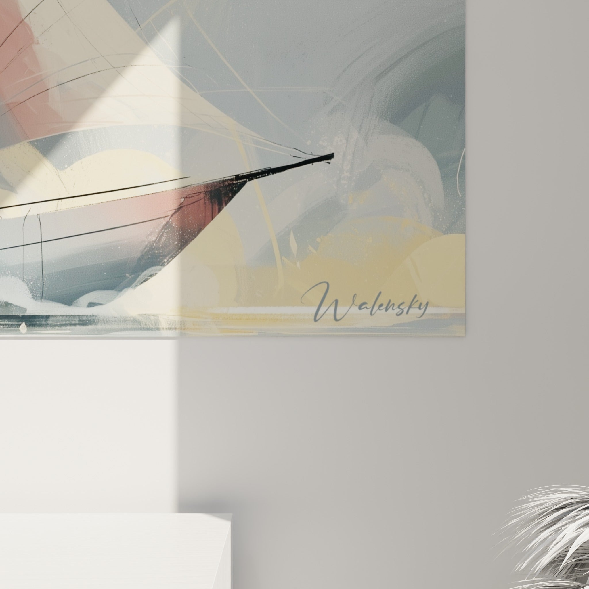 Empâtements gris et corail visibles de près sur ce tableau bateau abstrait, trait noir du gréement