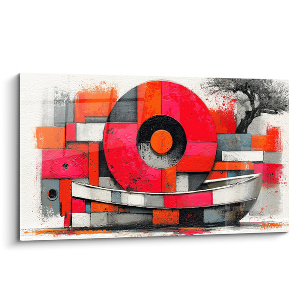 Cuadro Bote Blanco Bajo Círculo Rojo Geométrico - Fragmentos de un Viaje - Edición Barco Abstracto