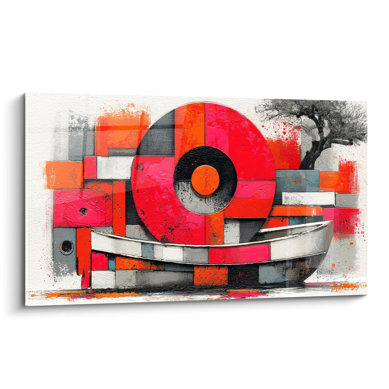 Tableau Barque blanche sous cercle rouge géométrique - Fragments d'un voyage - Edition Bateau abstrait