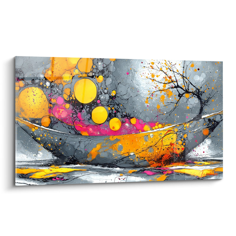 Tableau Bateau gris et jaune sous arbre éclaboussé - Bulles fuchsia flottantes - Edition Bateau abstrait