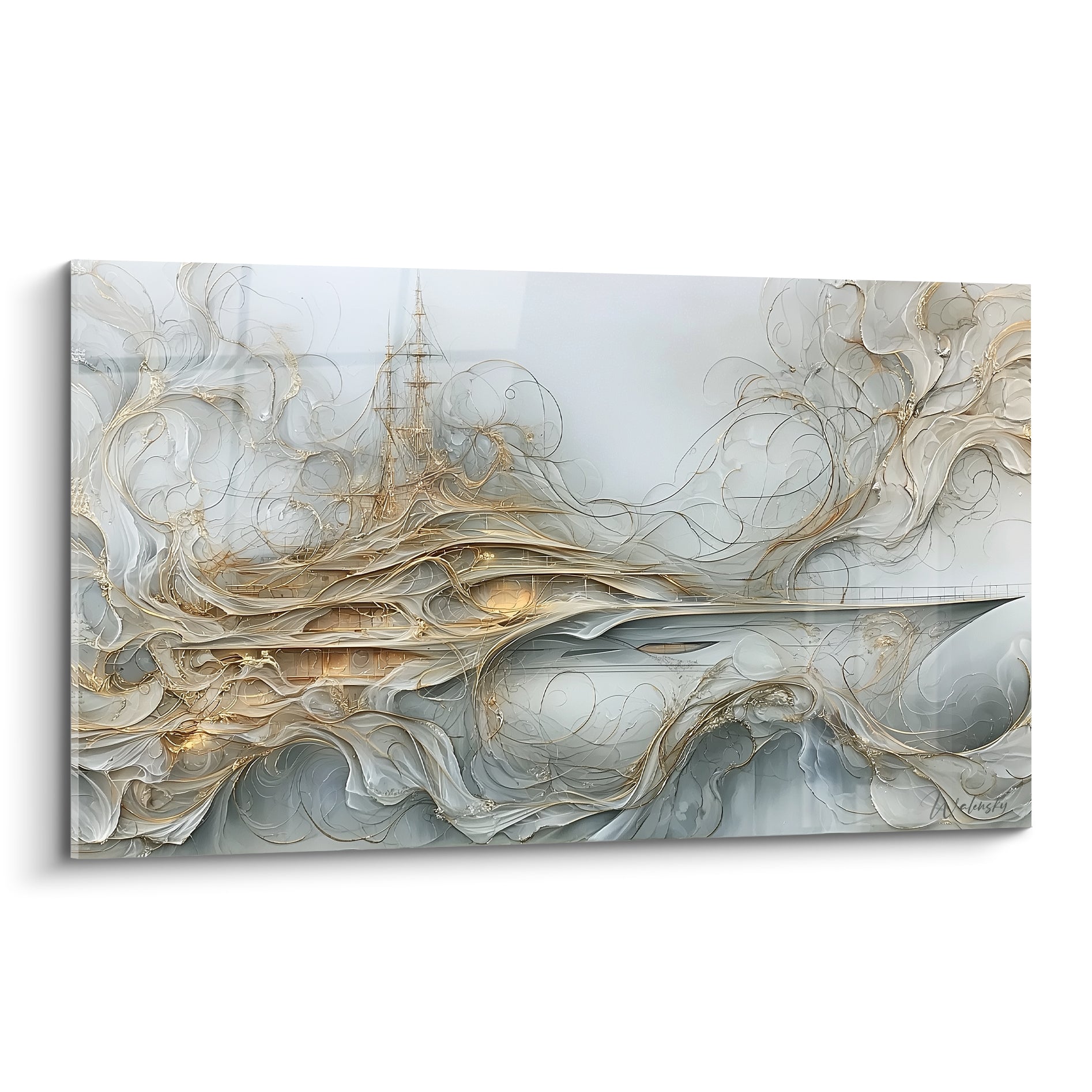 Navire doré émergeant de volutes argentées et grises, tableau bateau abstrait au style onirique raffiné