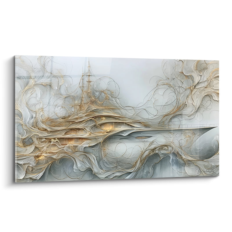 Tableau Navire doré aux volutes argentées - Vaisseau fantôme - Edition Bateau abstrait