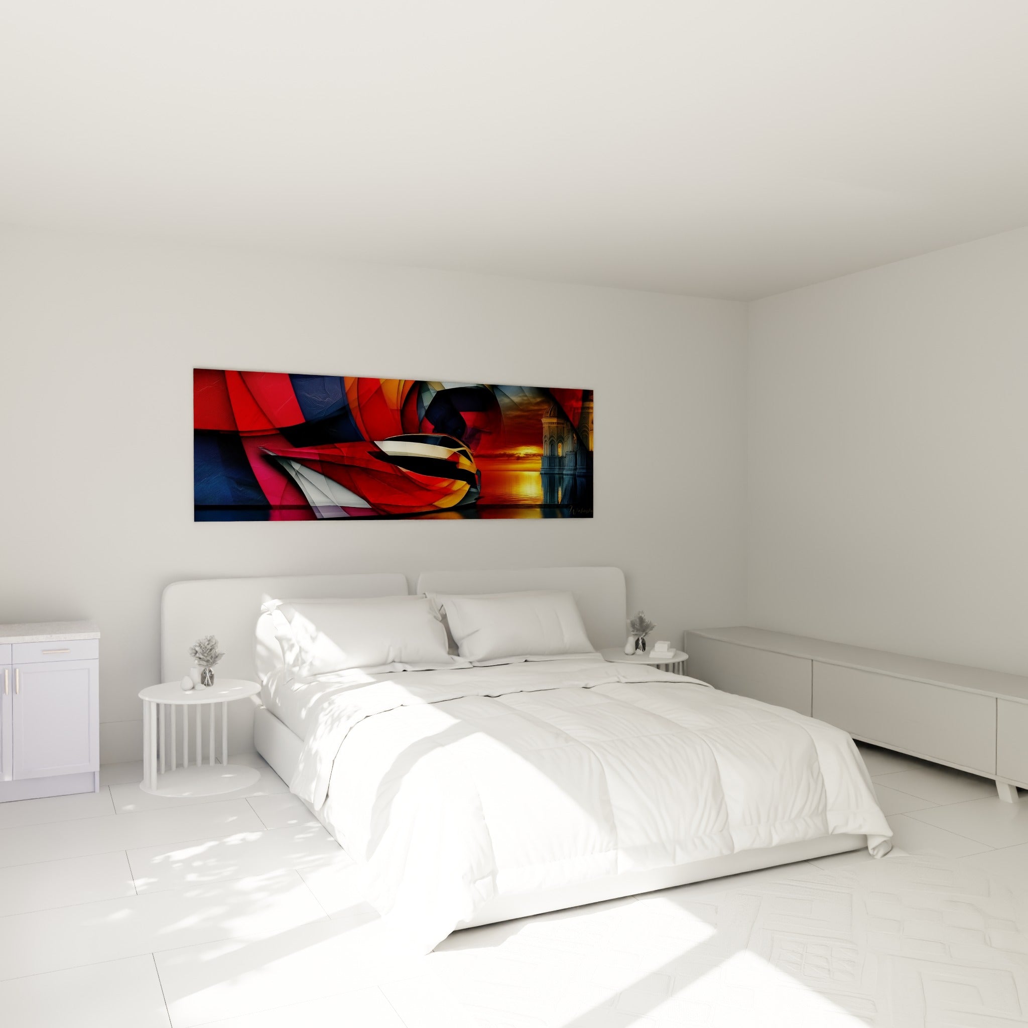 Embarcation stylisée rouge et dorée du bateau abstrait, accrochée au-dessus d'un lit dans une chambre claire