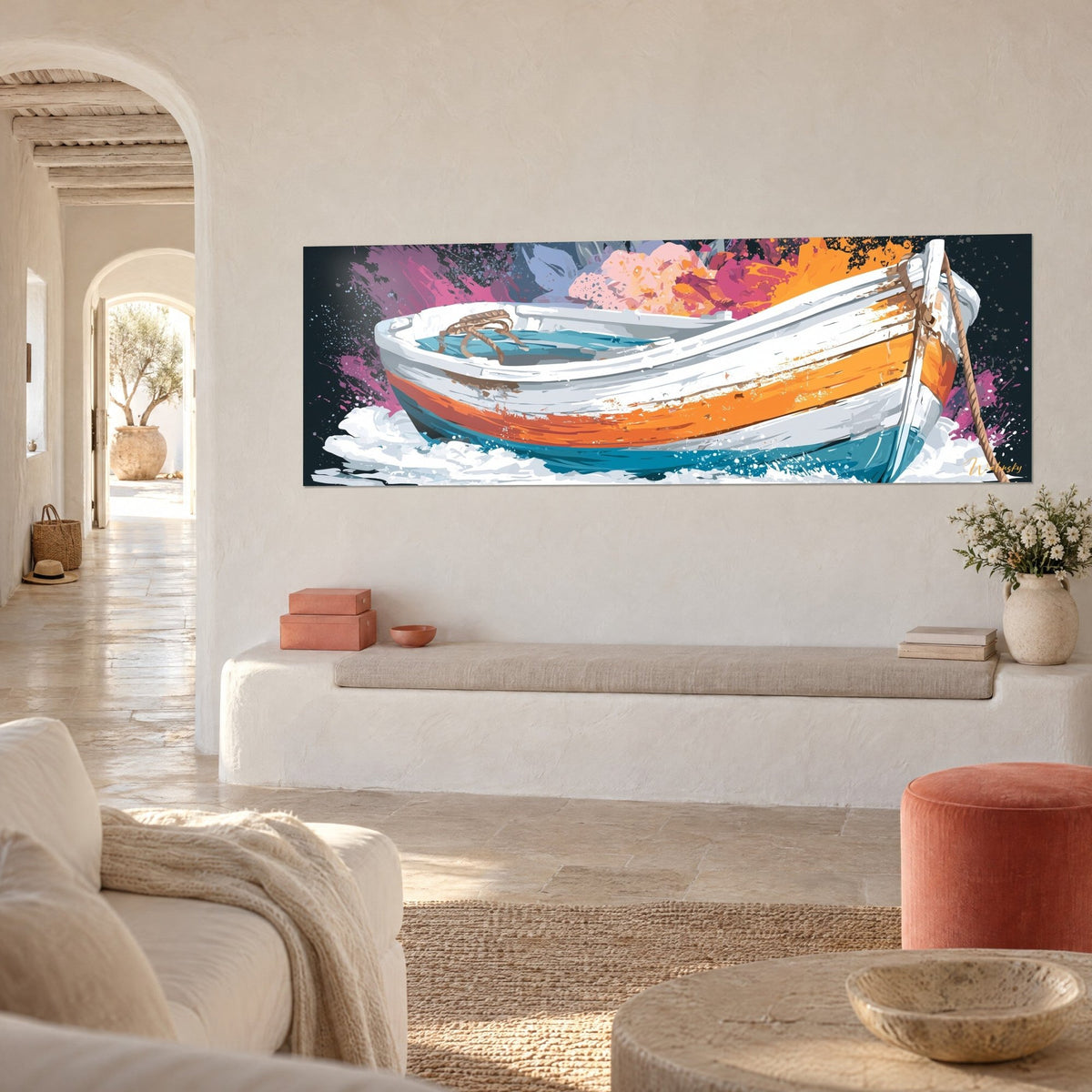 Wall art Weathered wooden canoe with orange and white stripes, brown rope coiled, three-quarter view in a Mediterranean living room