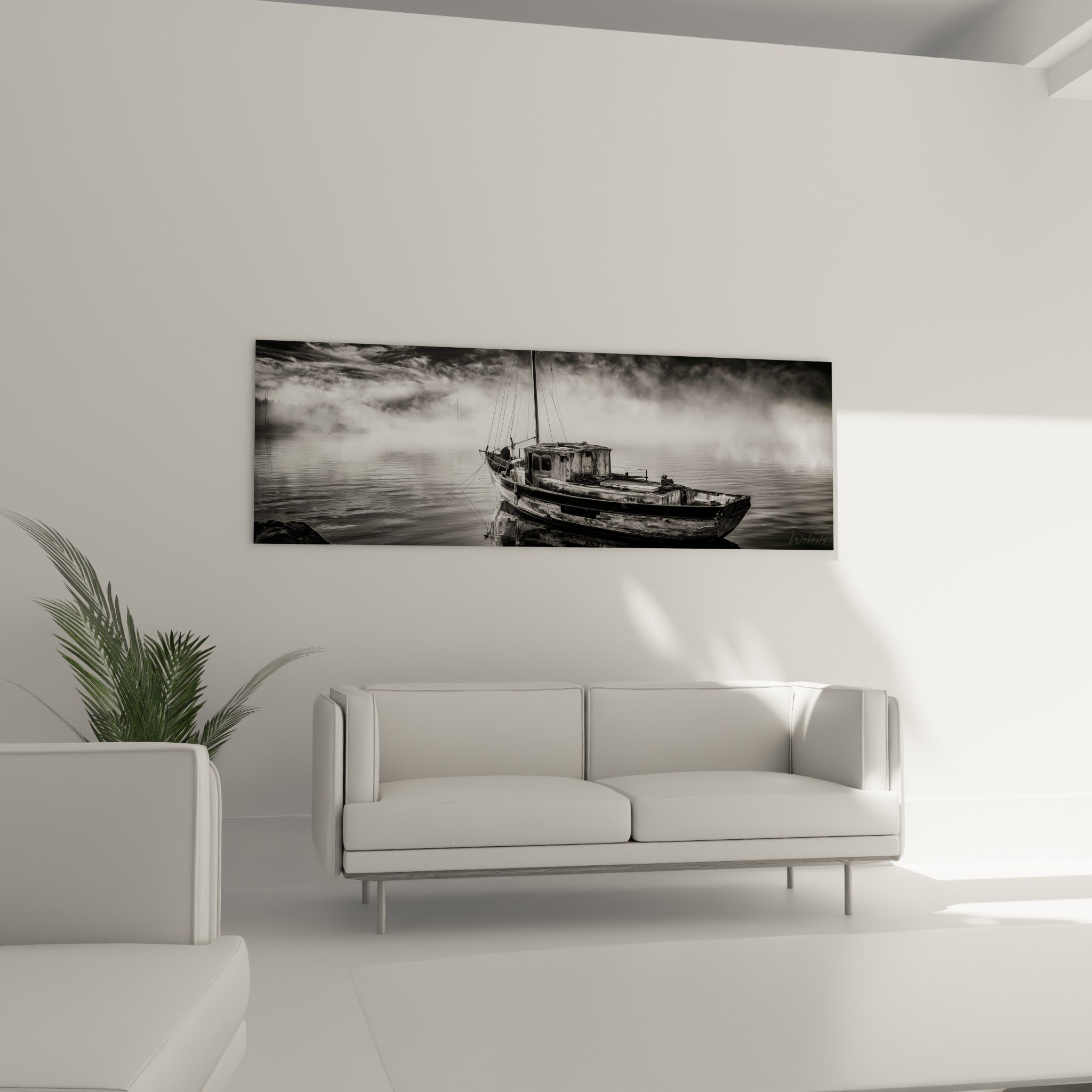 Embarcation solitaire sur eau lisse, contrastes noir profond et blanc vaporeux, au-dessus d'un canapé dans un salon lumineux