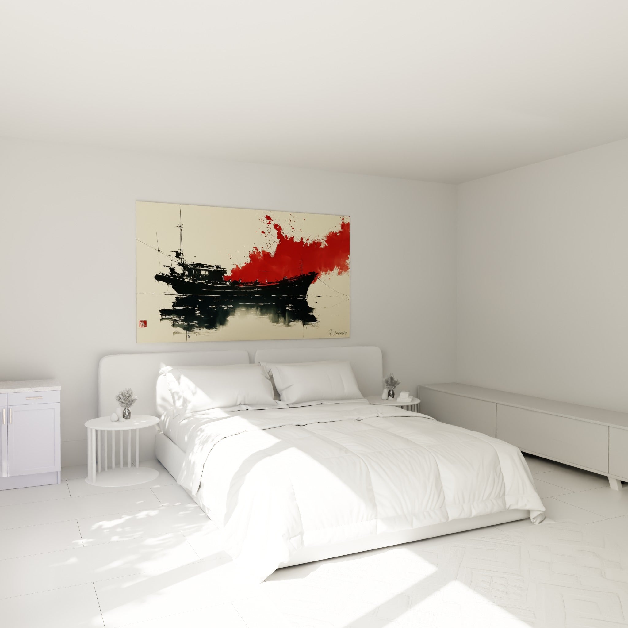 Embarcation noire du Bateau abstrait avec éclaboussure rouge, accrochée au-dessus d'un lit dans une chambre claire