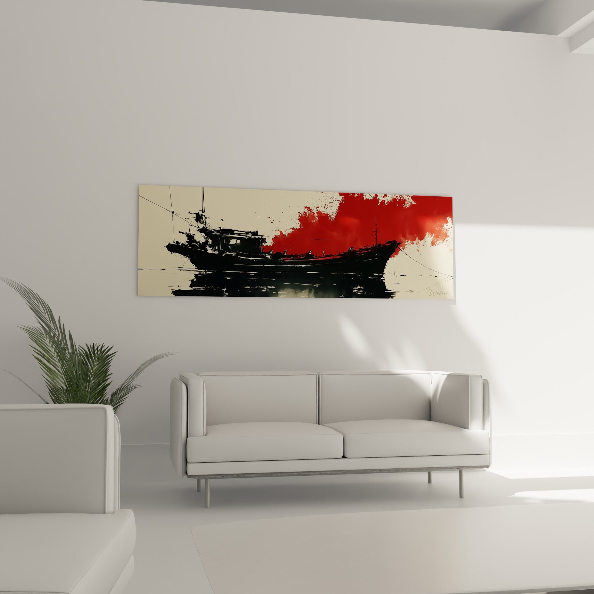 Coque sombre du navire reflétée sur l'eau, éclaboussure rouge au-dessus d'un canapé dans un salon lumineux