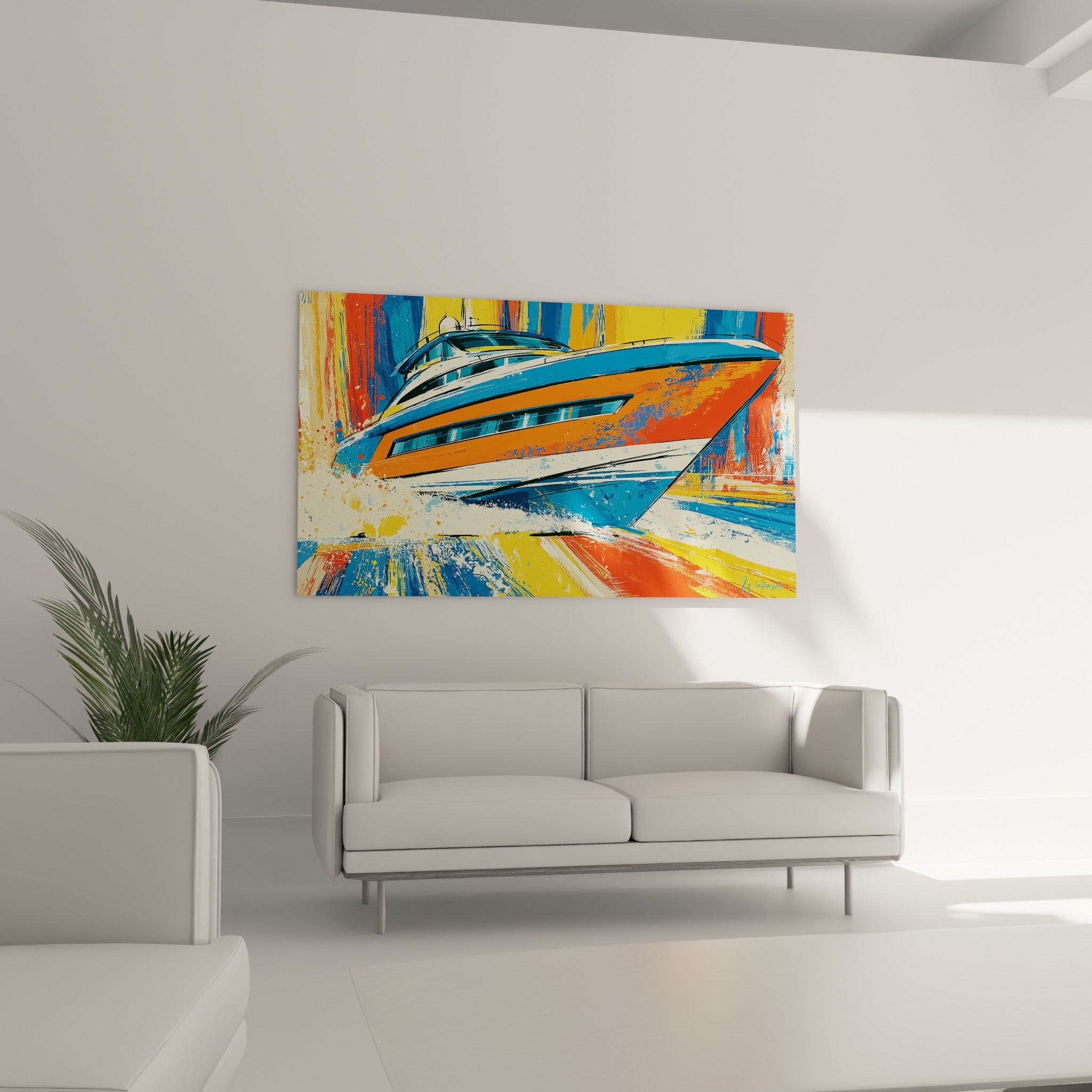 Éclaboussures blanches et jaune ocre autour du yacht, tableau accroché au-dessus d'un canapé dans un salon lumineux