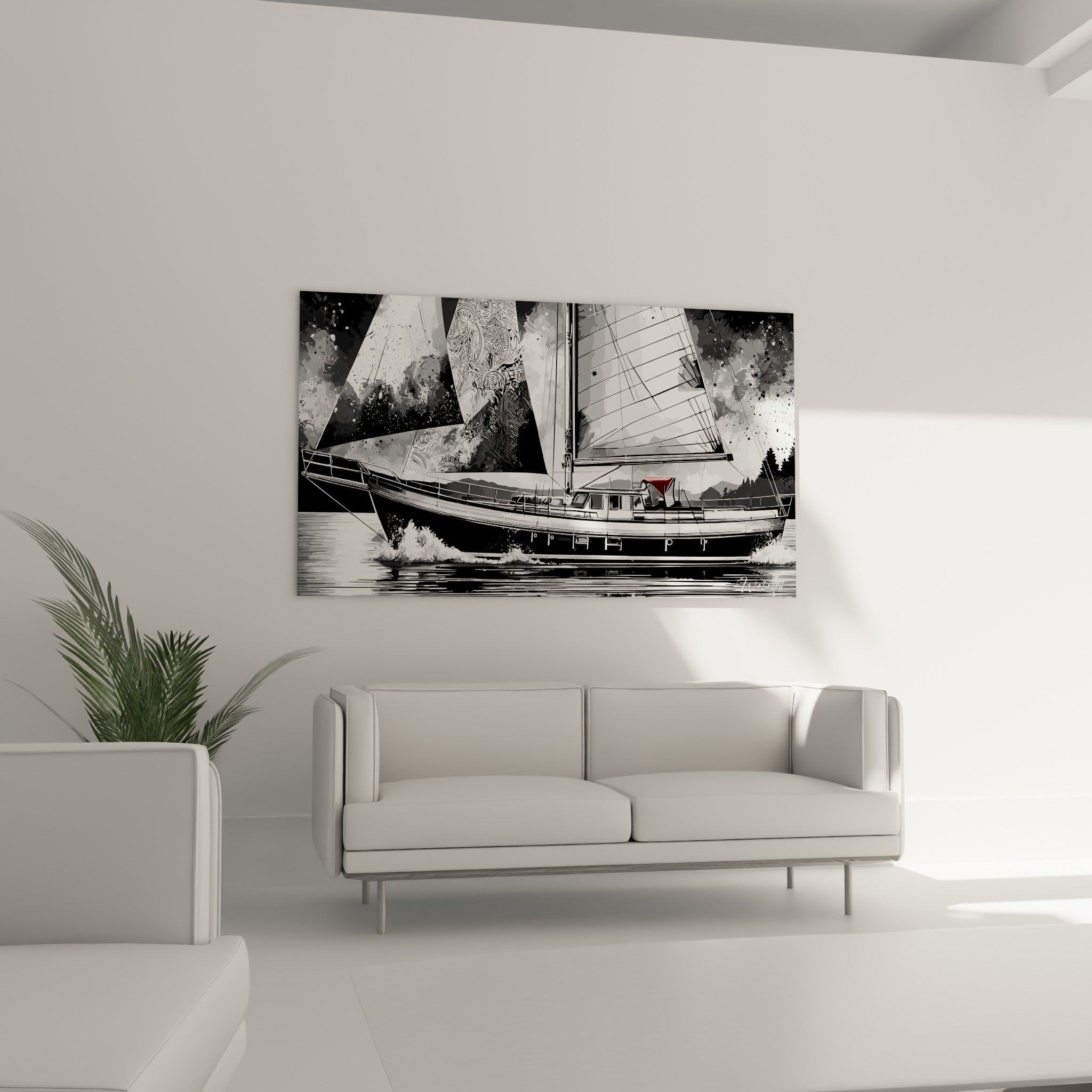 Écume blanche et voiles graphiques du bateau abstrait au-dessus d'un canapé dans un salon lumineux