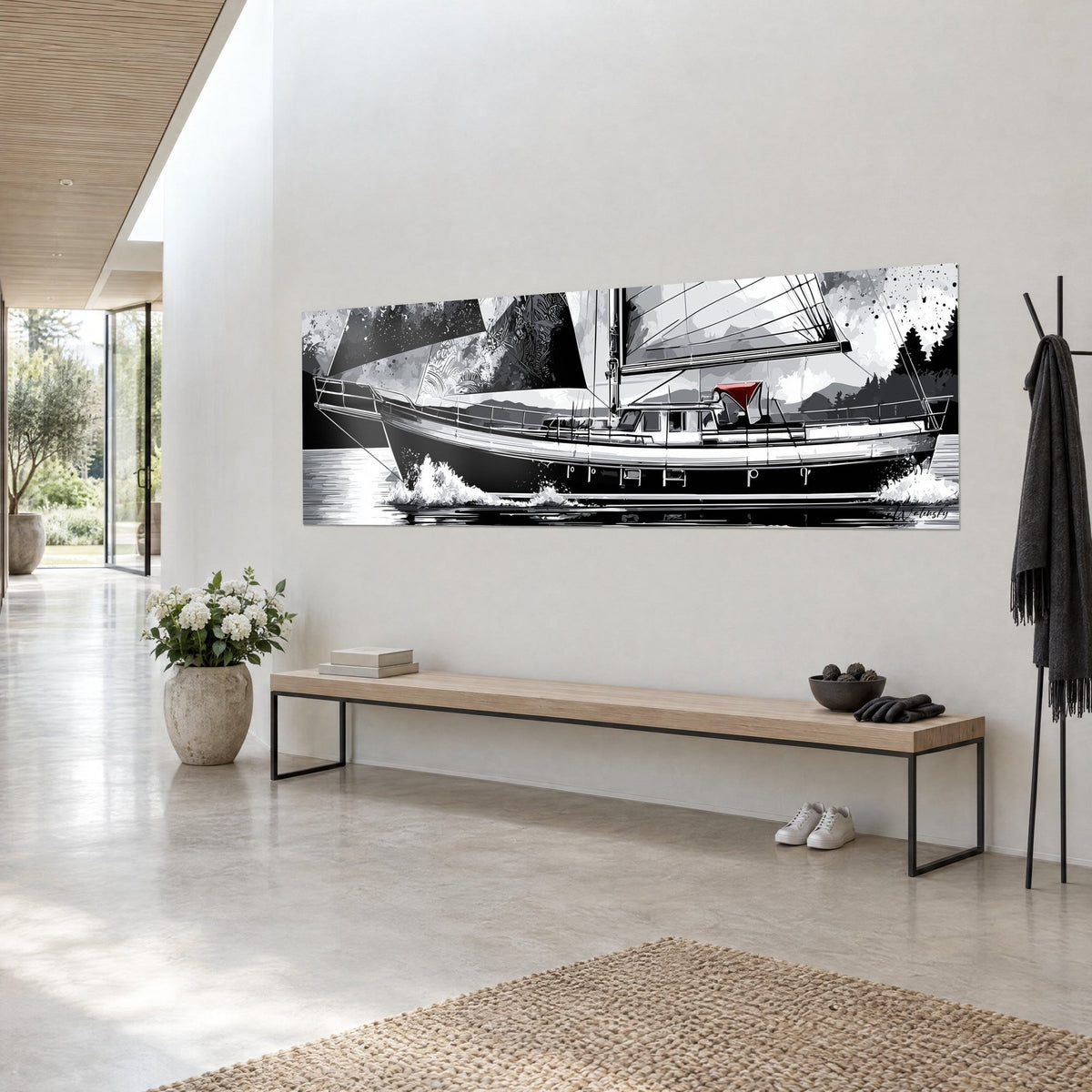 Schilderij monochrome schoener met donkere zijkanten, witte spatten en grijs omrande romp, driekwart zicht op een licht crèmekleurige muur