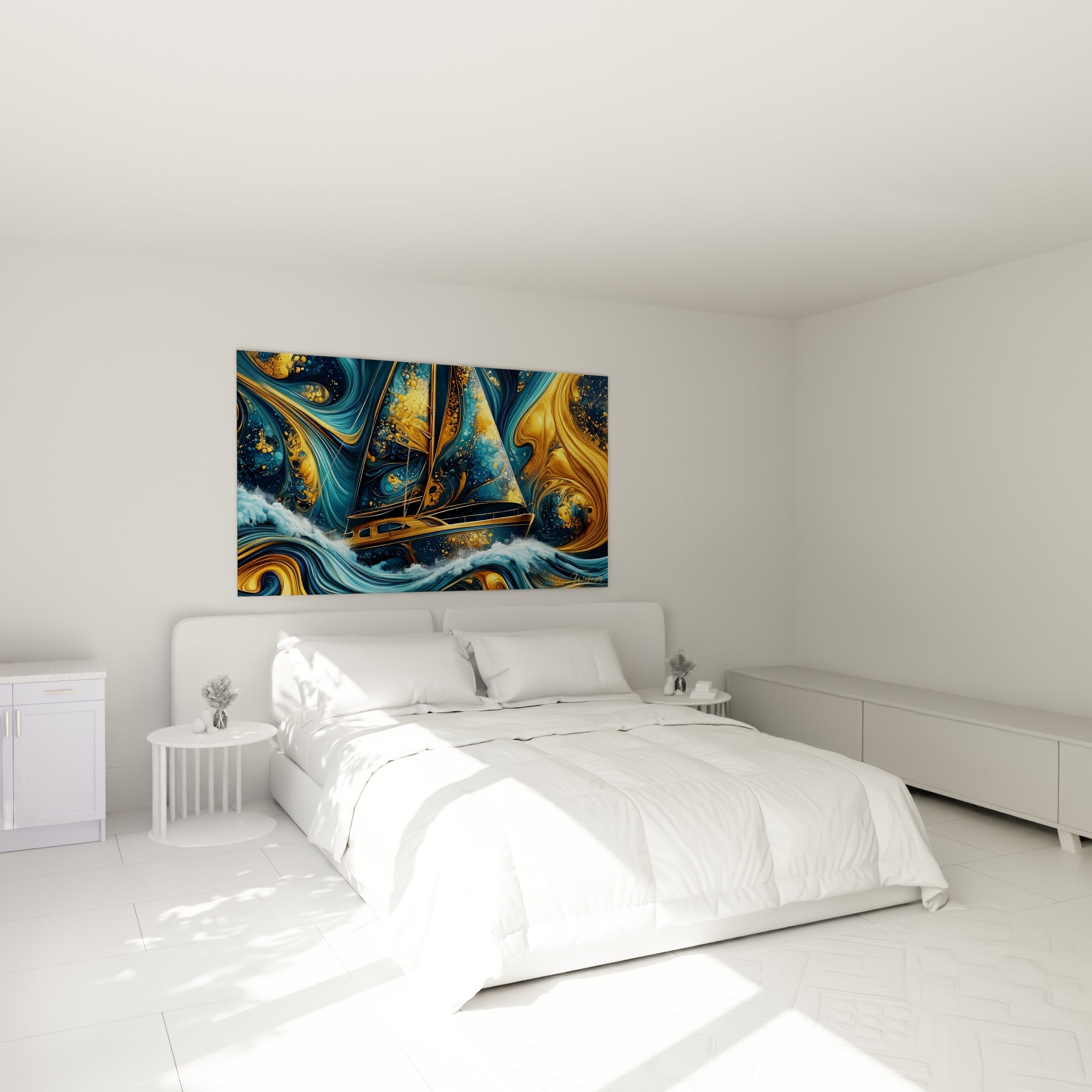 Embarcation dorée sur fond bleu marine tourbillonnant au-dessus d'un lit dans une chambre claire
