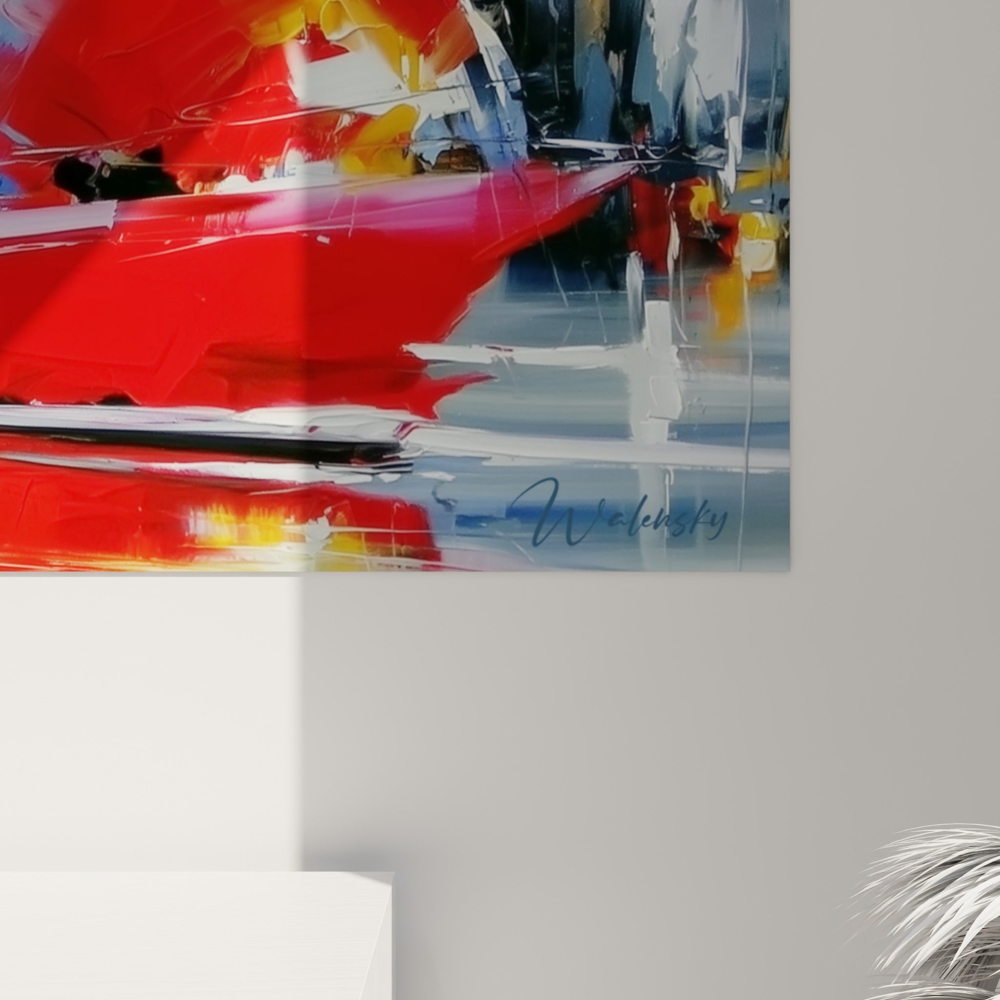 Empâtements rouges et coulures grises se mêlent sur la toile, révélant le grain épais de la peinture au couteau