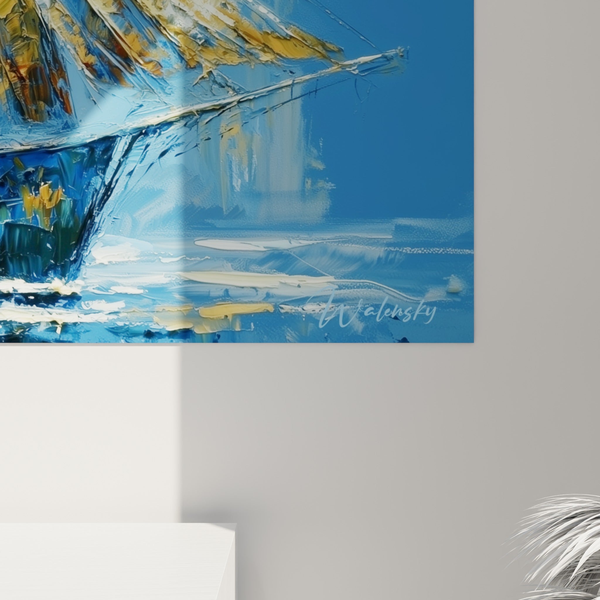Empâtements dorés et bleu marine visibles en relief sur ce tableau bateau abstrait, matière épaisse et coulures blanches