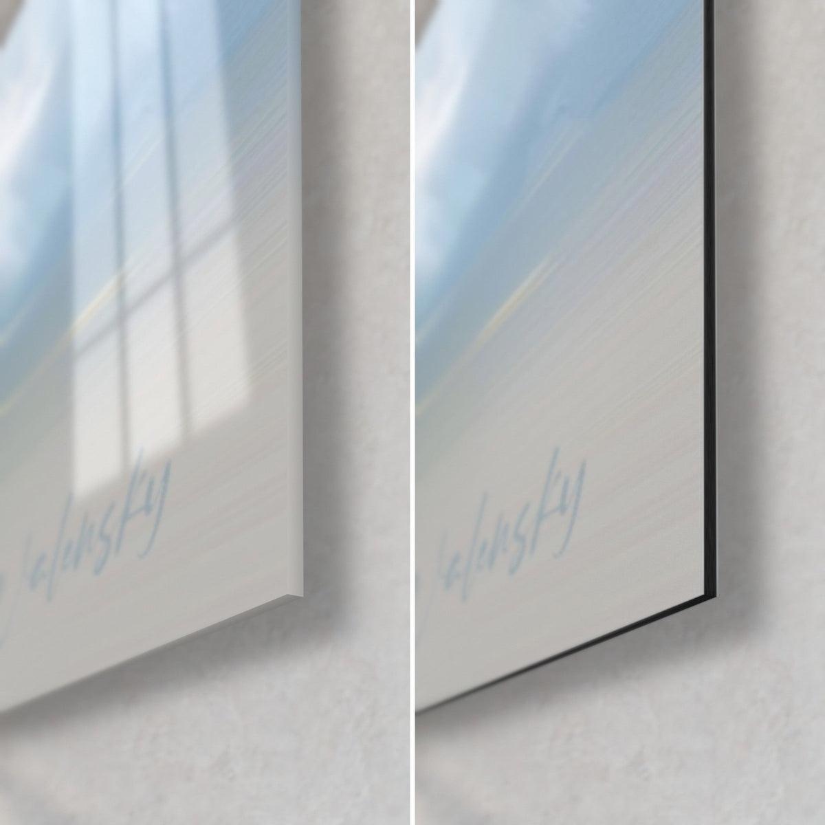 Tableau goélette en coup de couteau, coin bas droit : verre acrylique brillant et alu Dibond noir mat, tranche de 3 mm
