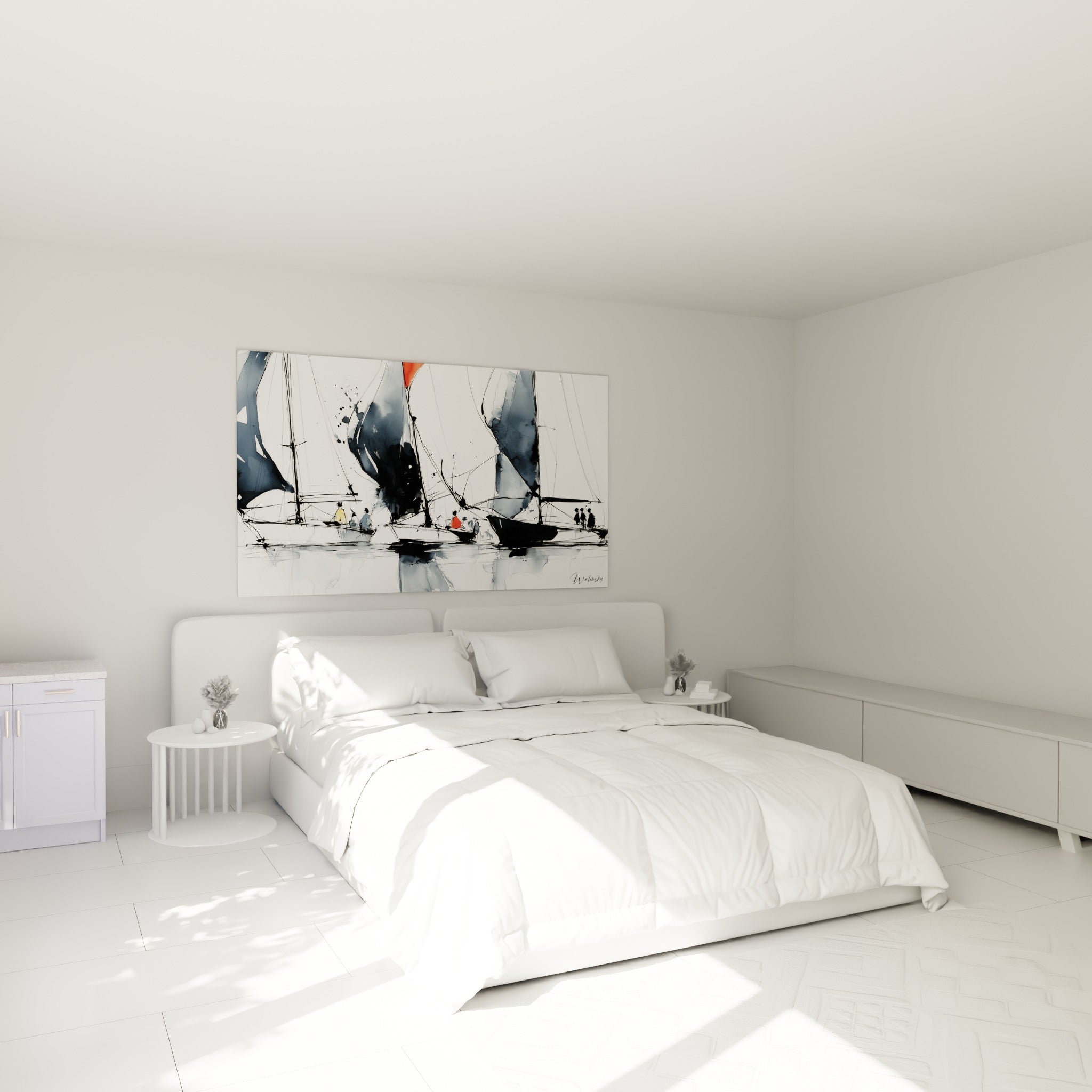 Trois voiliers anthracite et flamme orange, tableau bateau abstrait au-dessus d'un lit dans une chambre claire