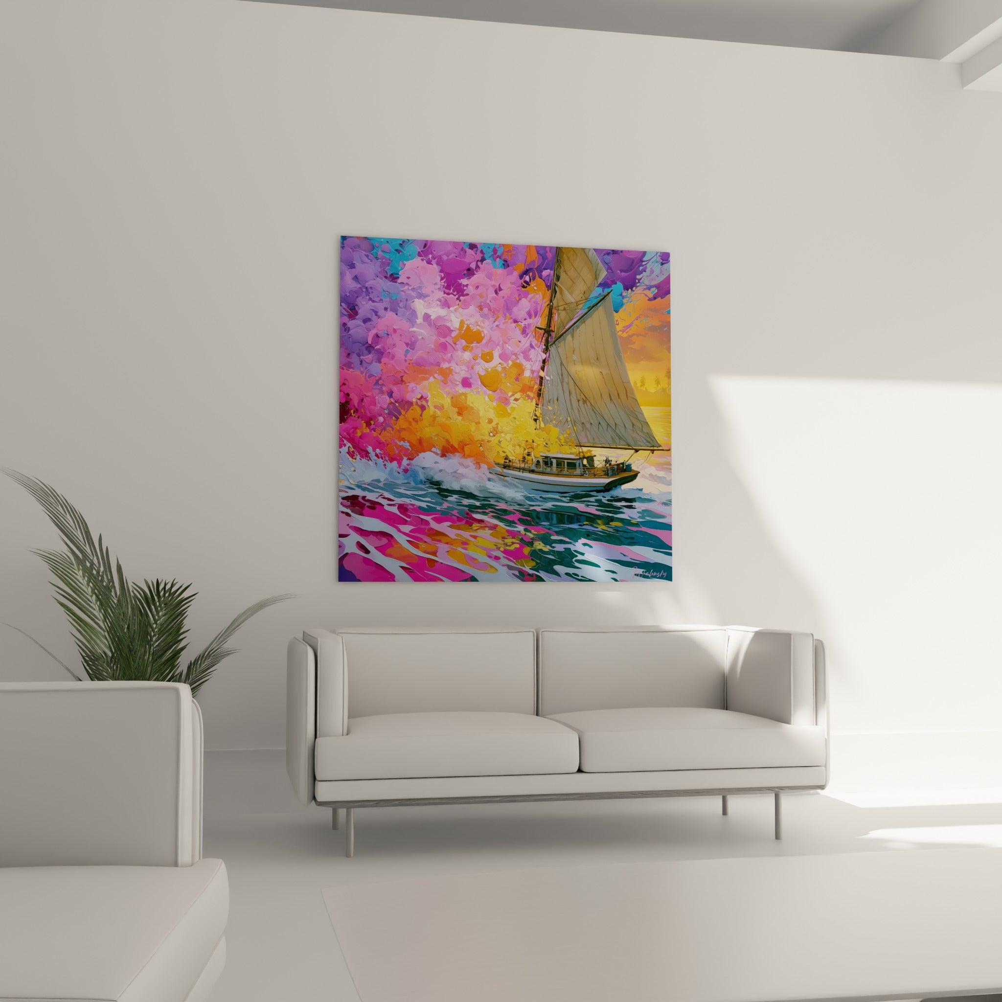 Bateau à voile blanc traversant une explosion orangée et rose, au-dessus d'un canapé dans un salon lumineux