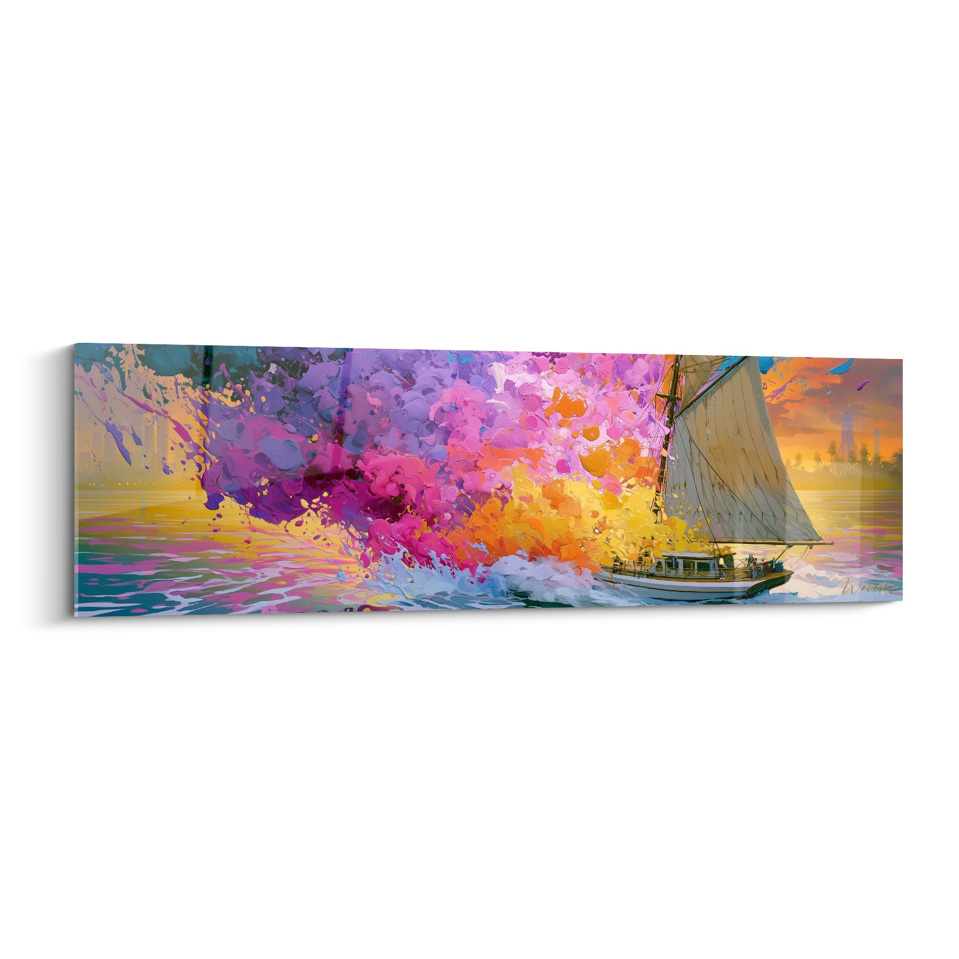 Voilier blanc traversant une explosion violette et dorée, tableau bateau abstrait aux nuances vibrantes