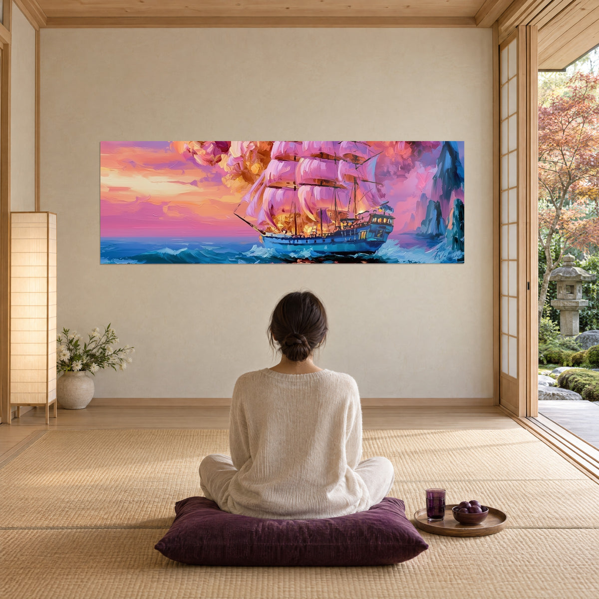 Quadro di un tre alberi, vele rosa e foschia dorata, scogliere blu, ammirato da una donna di spalle su un cuscino color prugna