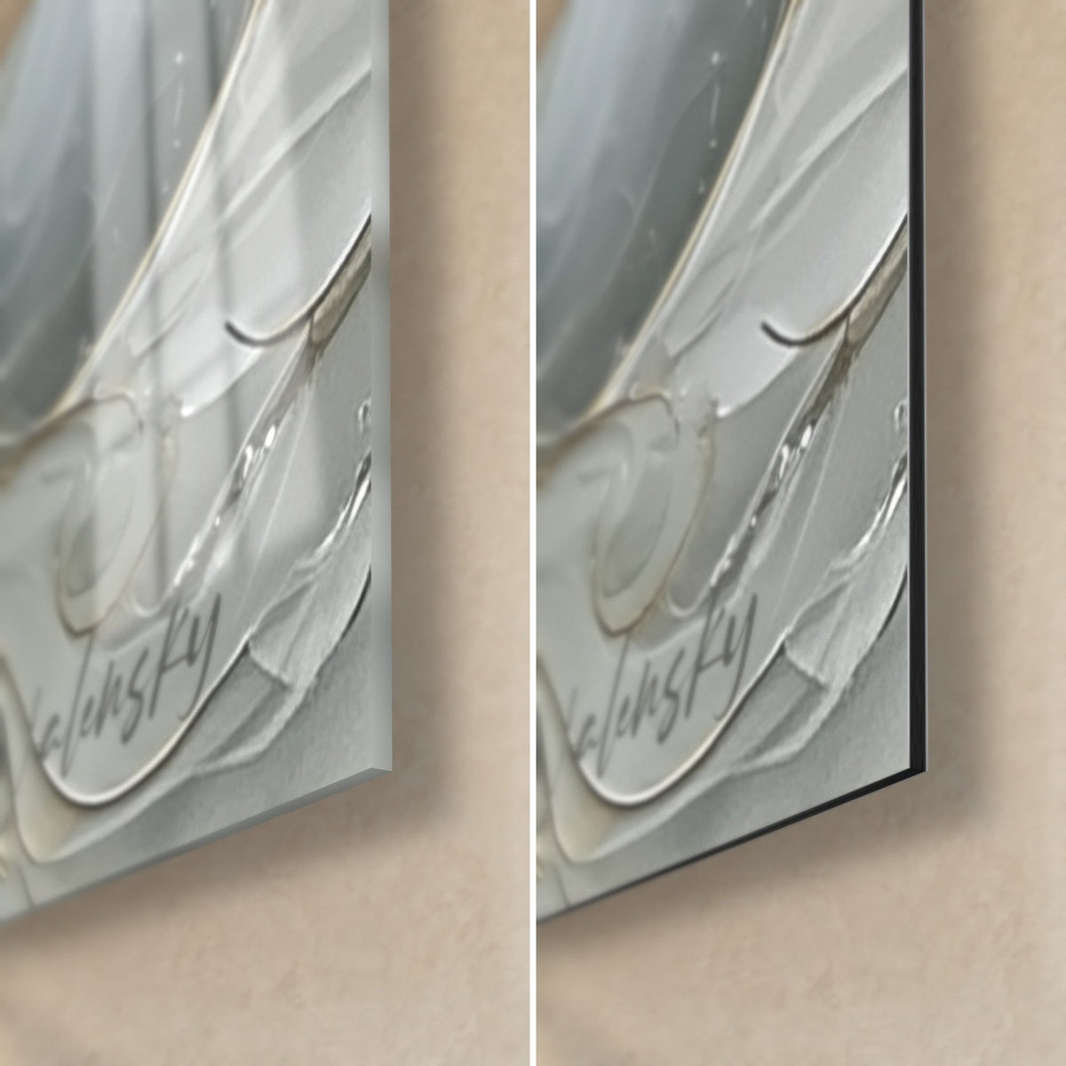 Tableau navire doré en volutes translucides, coin bas droit, verre brillant à gauche, Dibond noir mat à droite, tranche de 3 mm
