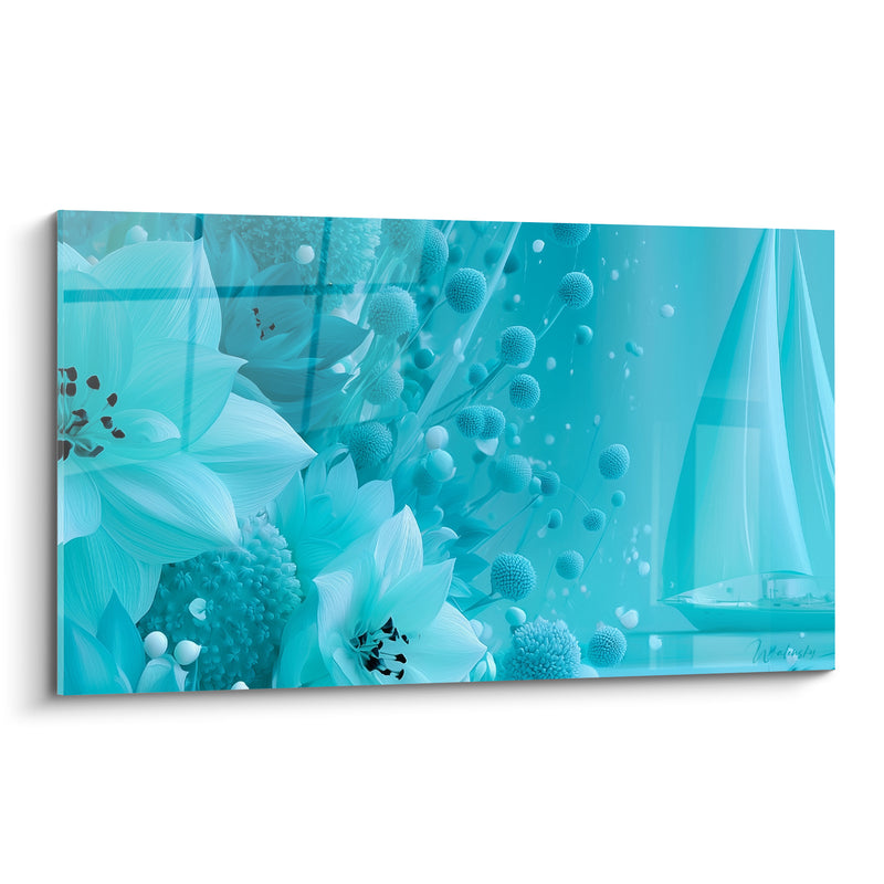 Tableau Fleurs turquoise et voilier au loin - Rêverie aquatique - Edition Bateau abstrait