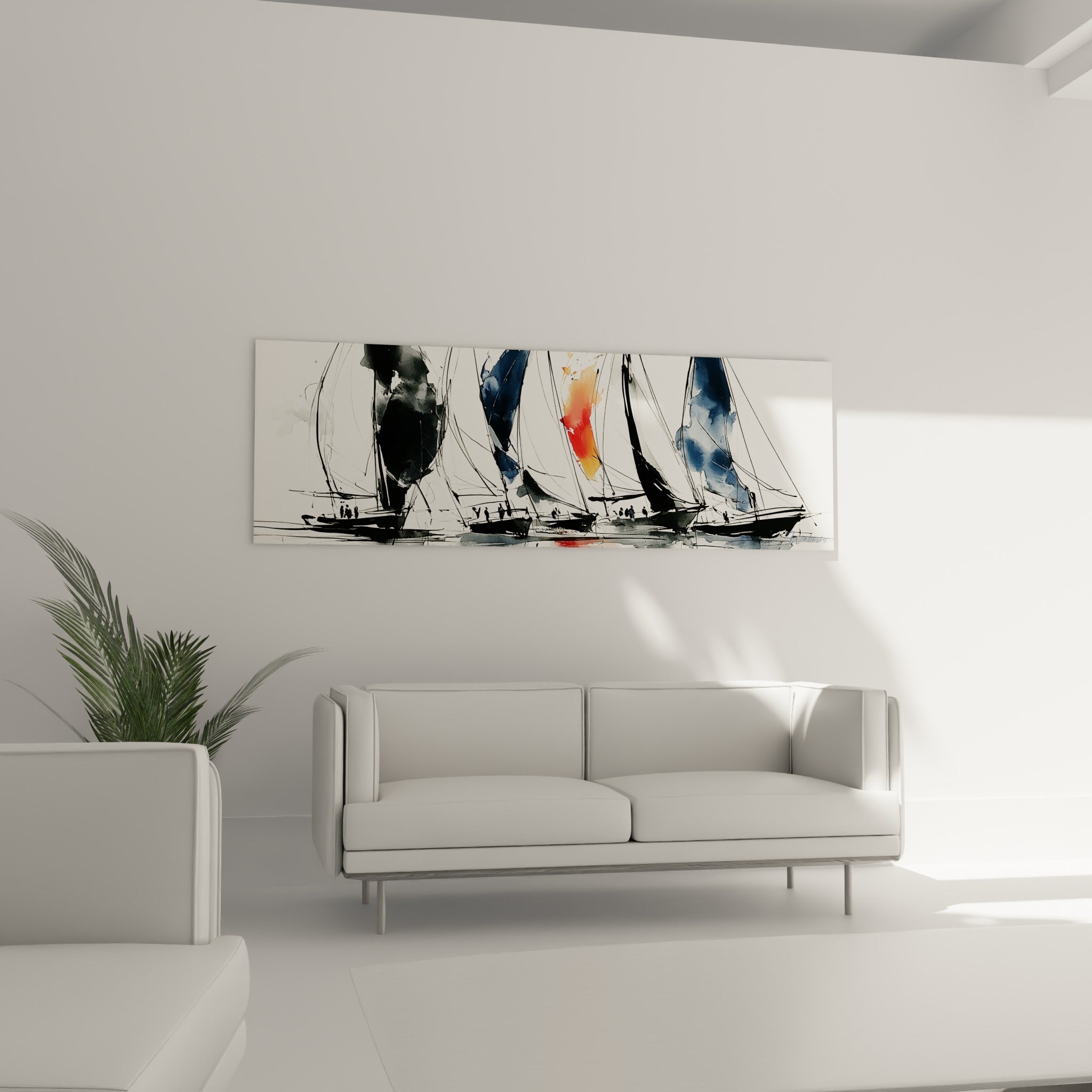 Flottille de voiliers stylisés en noir et bleu marine, au-dessus d'un canapé dans un salon lumineux