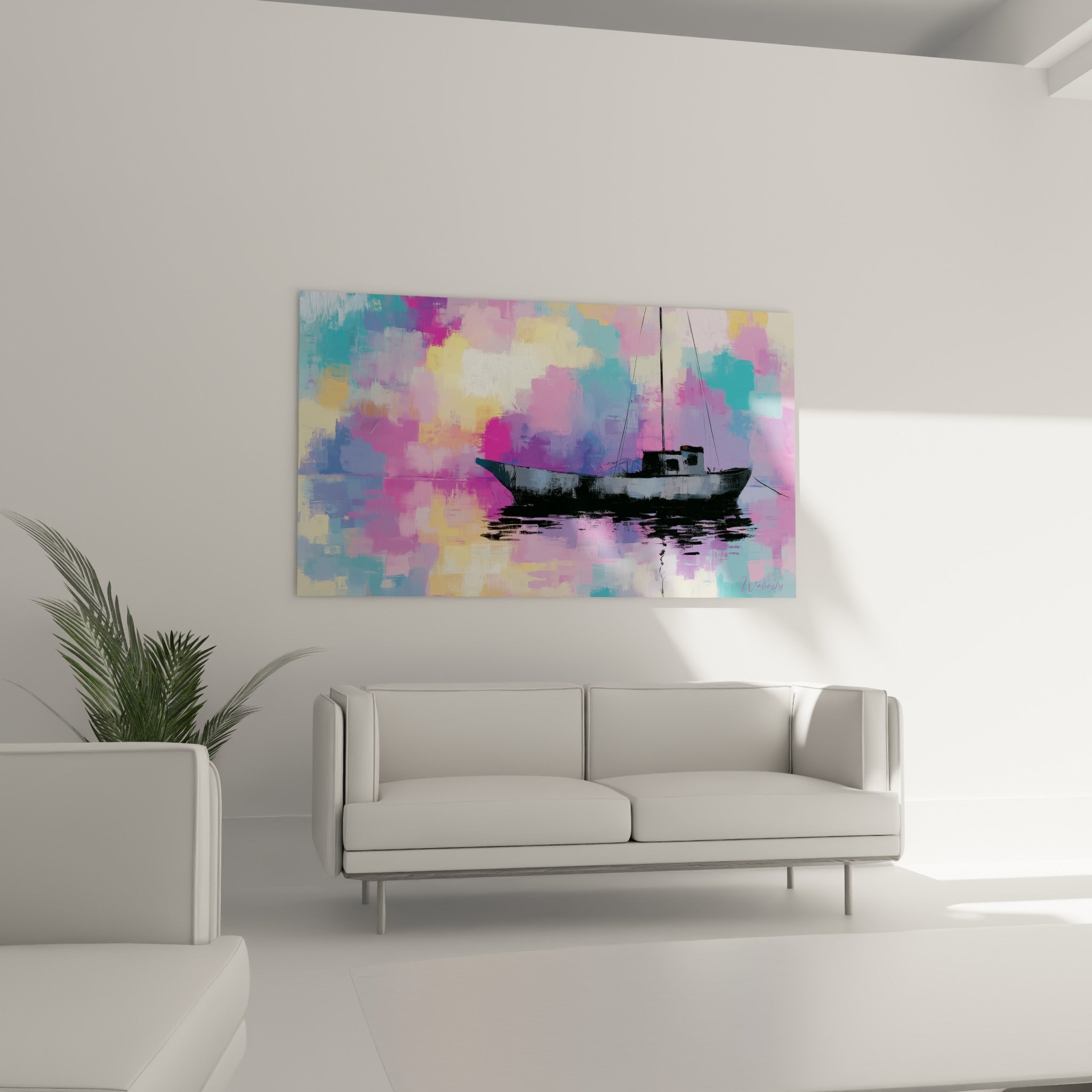 Silhouette de bateau turquoise et fuchsia, tableau au-dessus d'un canapé dans un salon lumineux