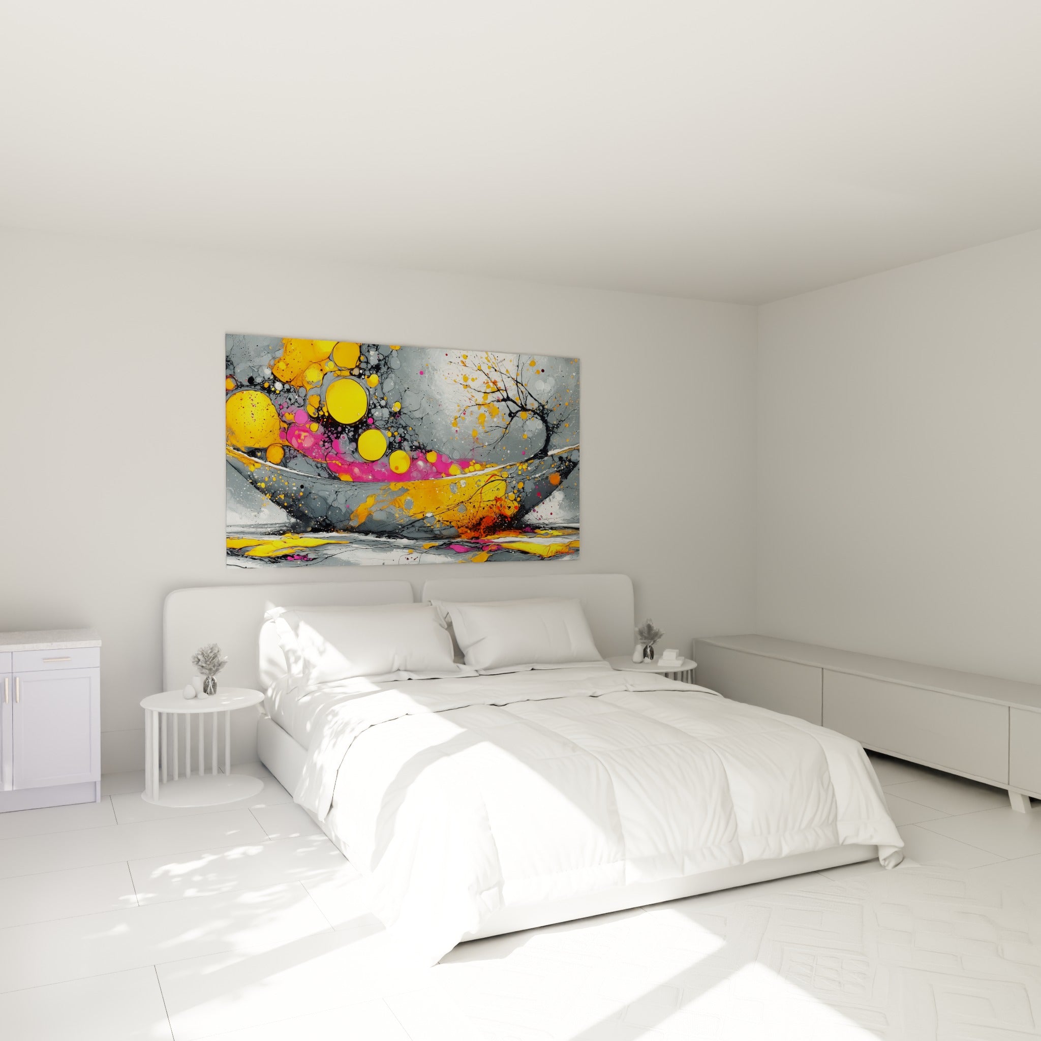 Embarcation dorée et rose fuchsia sur toile anthracite accrochée au-dessus d'un lit dans une chambre claire