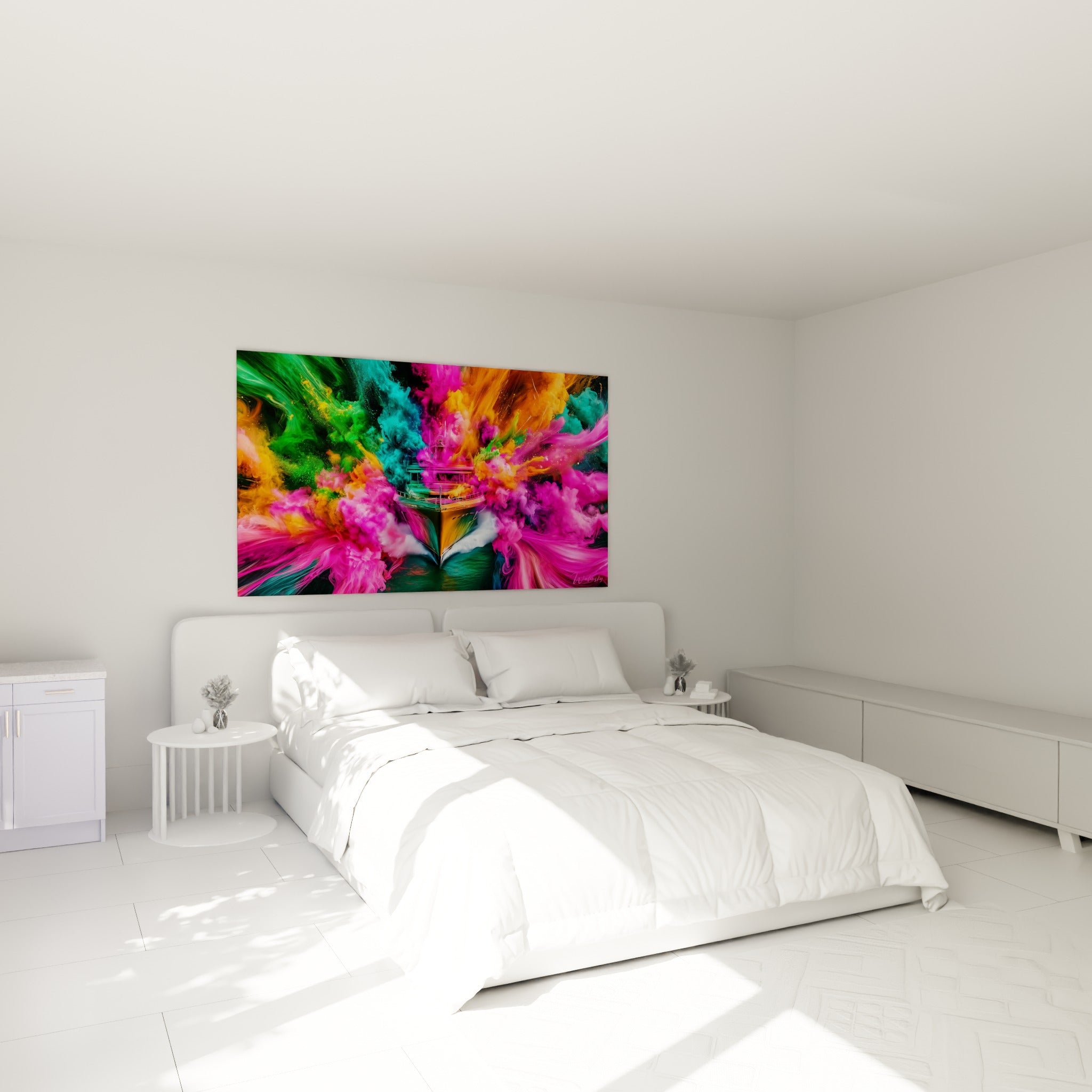 Explosion de pigments orangés et roses autour d'un yacht, au-dessus d'un lit dans une chambre claire